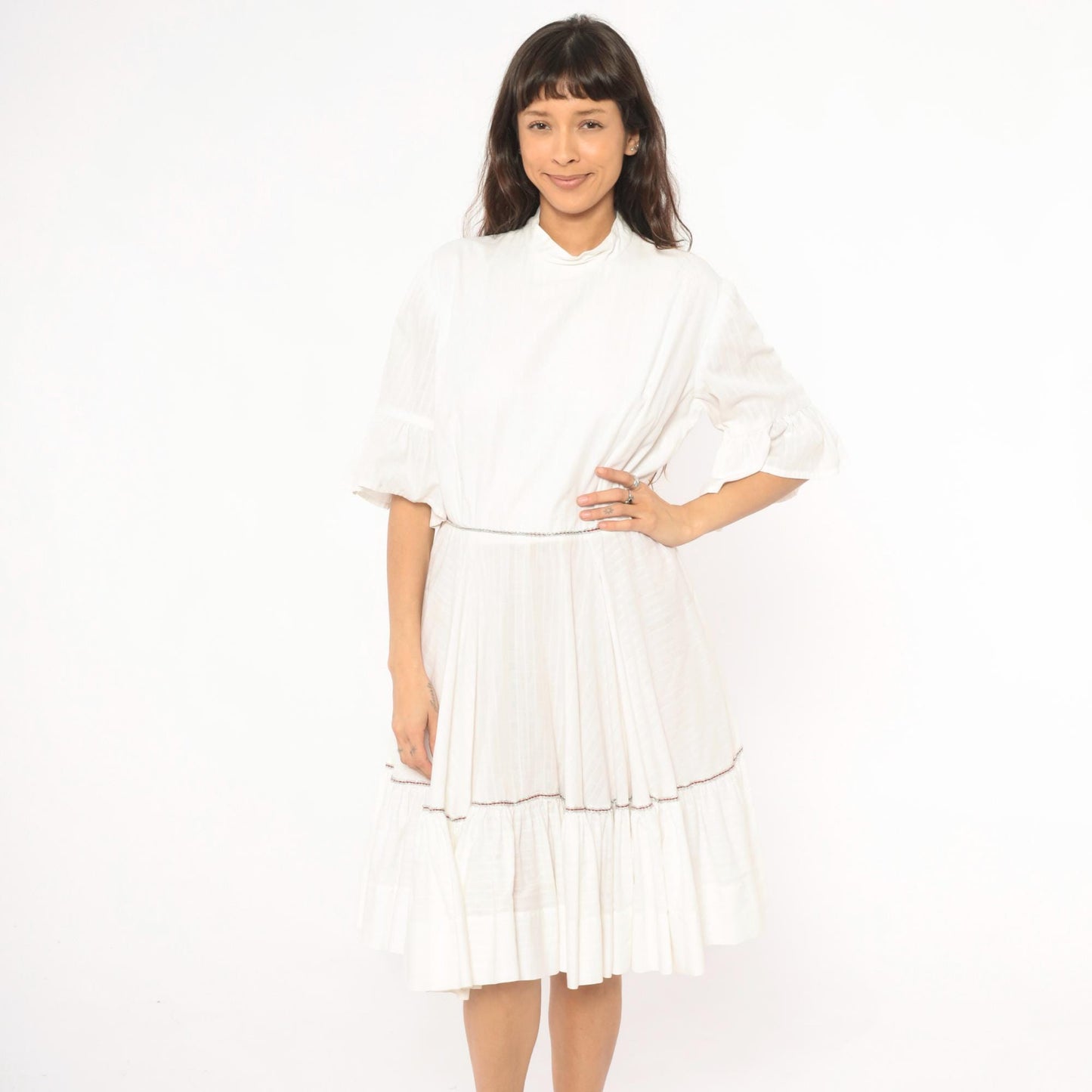 60s Ivory Prairie Dress Tiered Ruffle Bell Sleeve Cotton Knee Length Large L