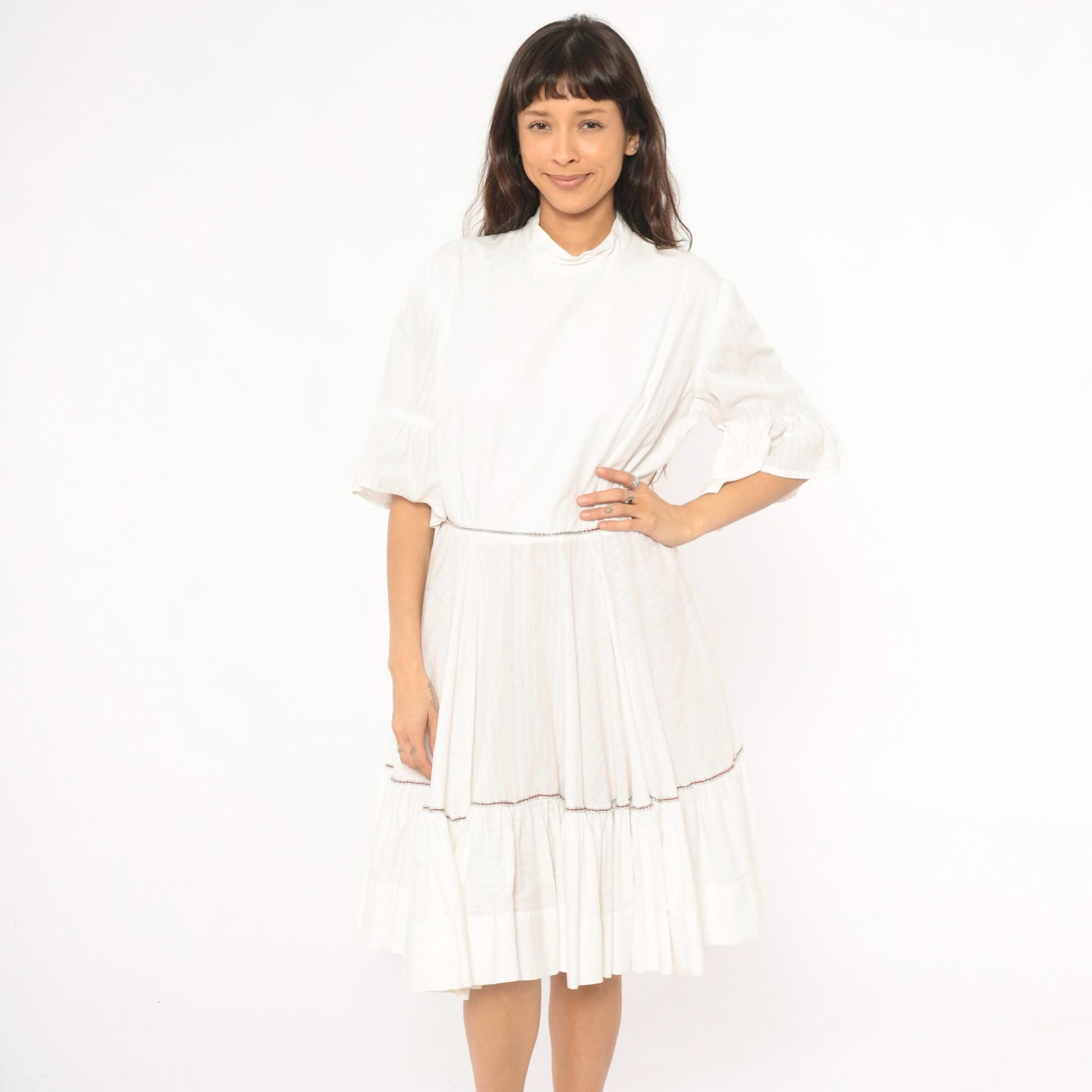 60s Ivory Prairie Dress Tiered Ruffle Bell Sleeve Cotton Knee Length Large L