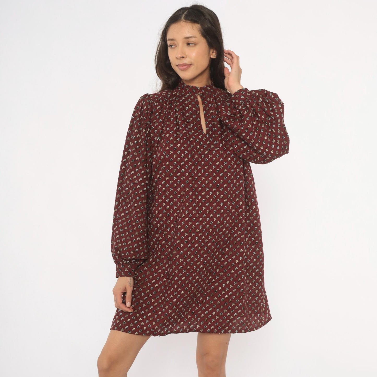 80s Hear Say Burgundy Floral Mini Dress Puff Sleeve Keyhole Band Collar Medium M