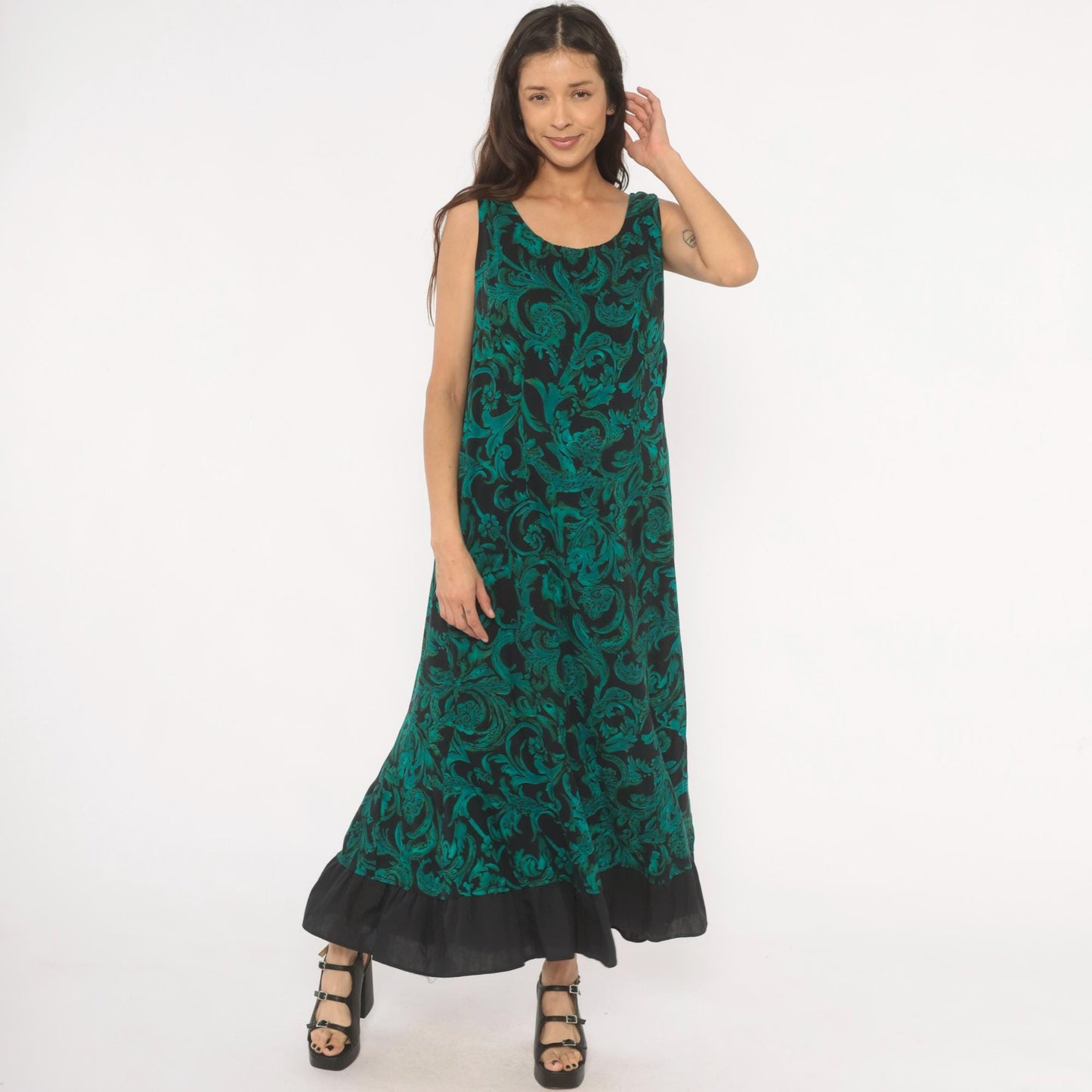 90s R & K Originals Teal Baroque Maxi Dress Emerald Floral Mermaid Large L