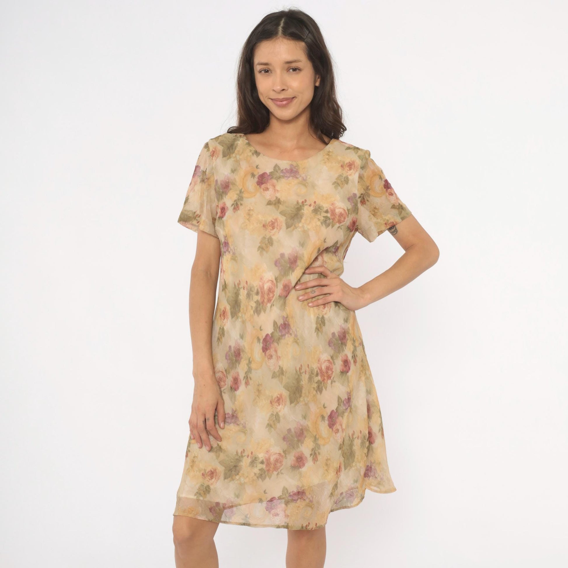 90s DJ Summers Floral Chiffon Dress Tan Rose Print Knee Length Medium M