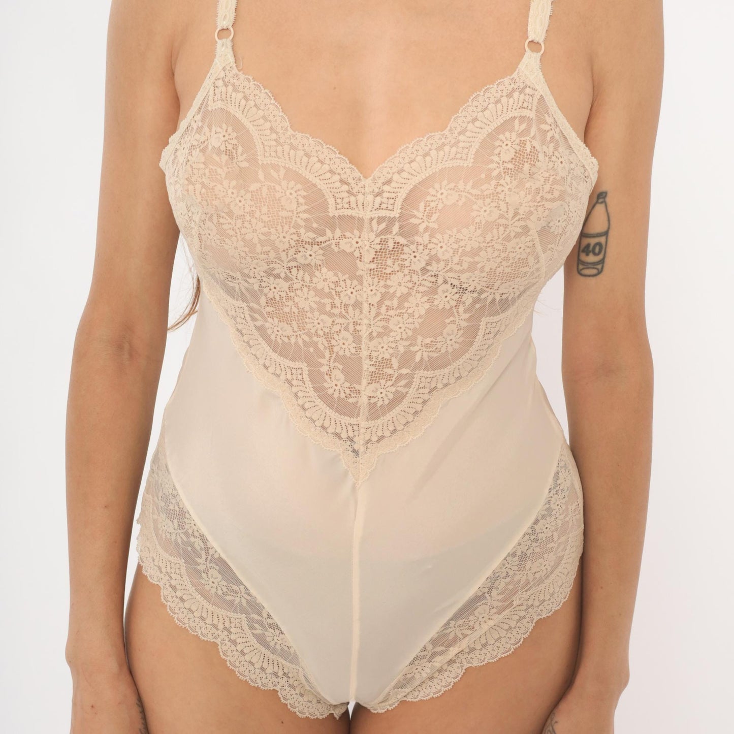 80s Lindsey Roscoe Cream Lace Bodysuit Floral V-Neck Snap Closure Small