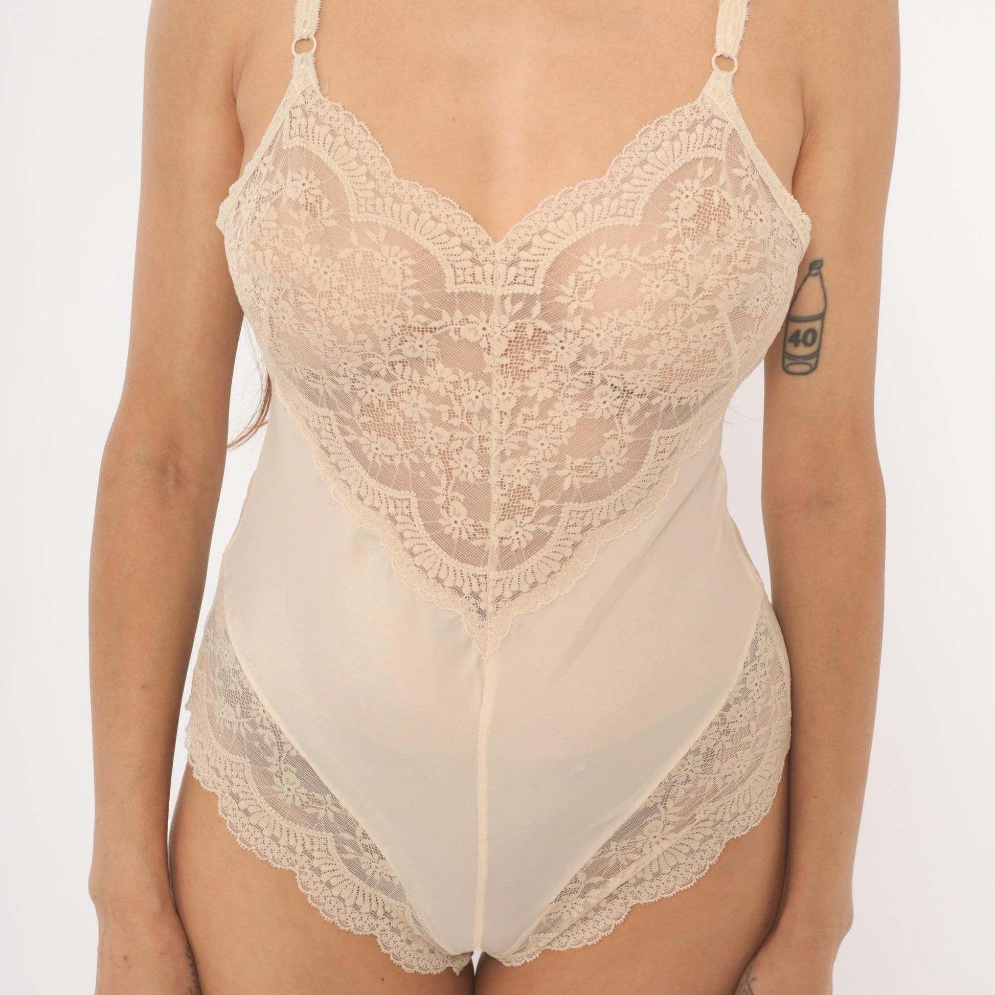 80s Lindsey Roscoe Cream Lace Bodysuit Floral V-Neck Snap Closure Small
