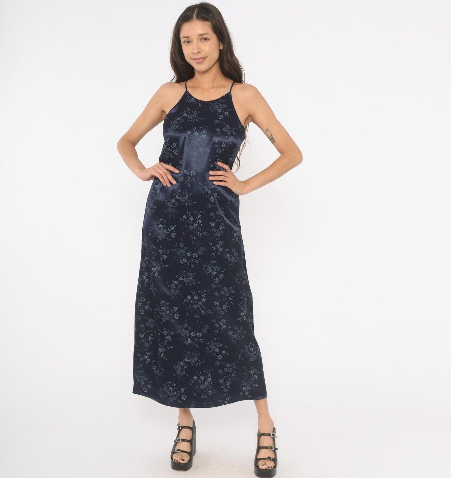 90s Navy Satin Halter Maxi Dress Floral Print Tie Back Small S