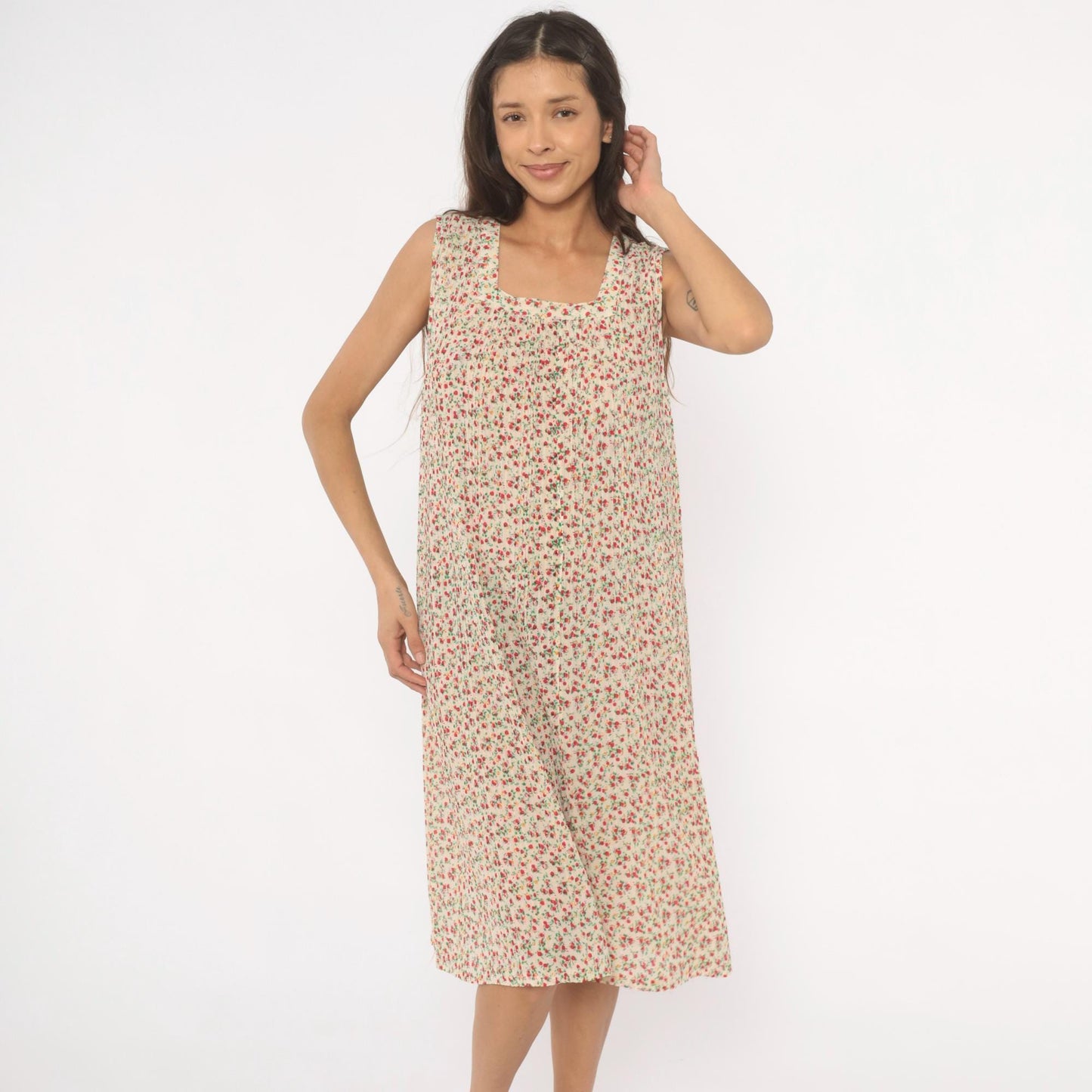 70s Ditsy Floral Shift Dress Cream Red Sleeveless Knee-Length Medium