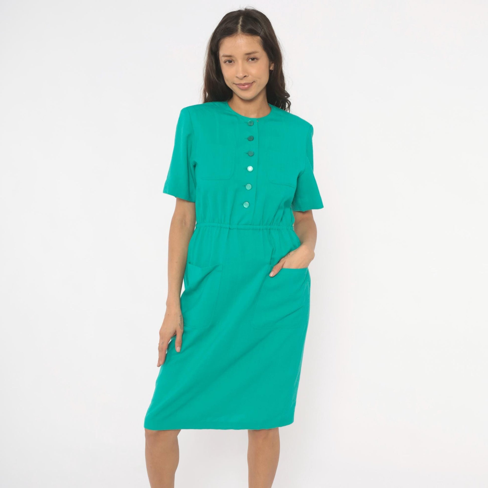 80s Teal Shirtdress Knee-Length Button Front Elastic Waist Small