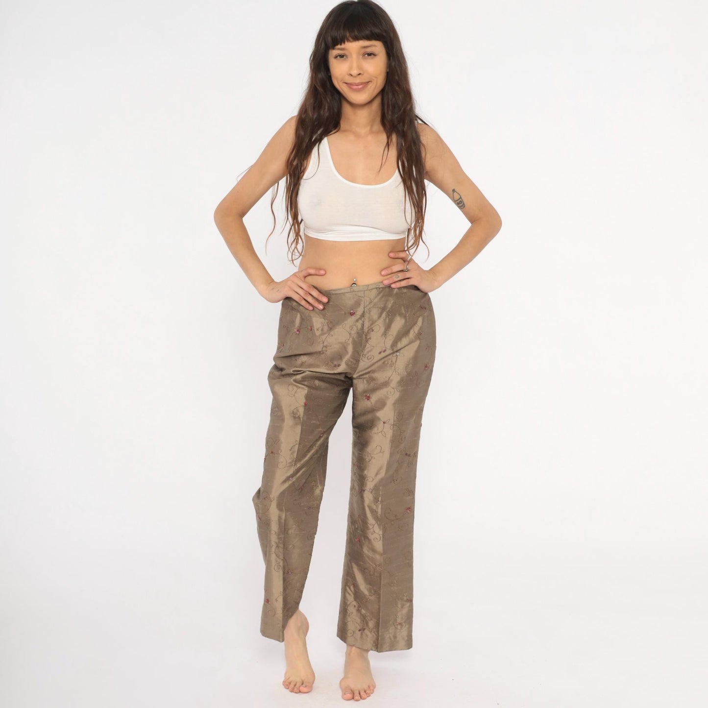 2000s Depeche Mode Silk Trousers Embroidered Floral Tan Low Rise Straight Medium M