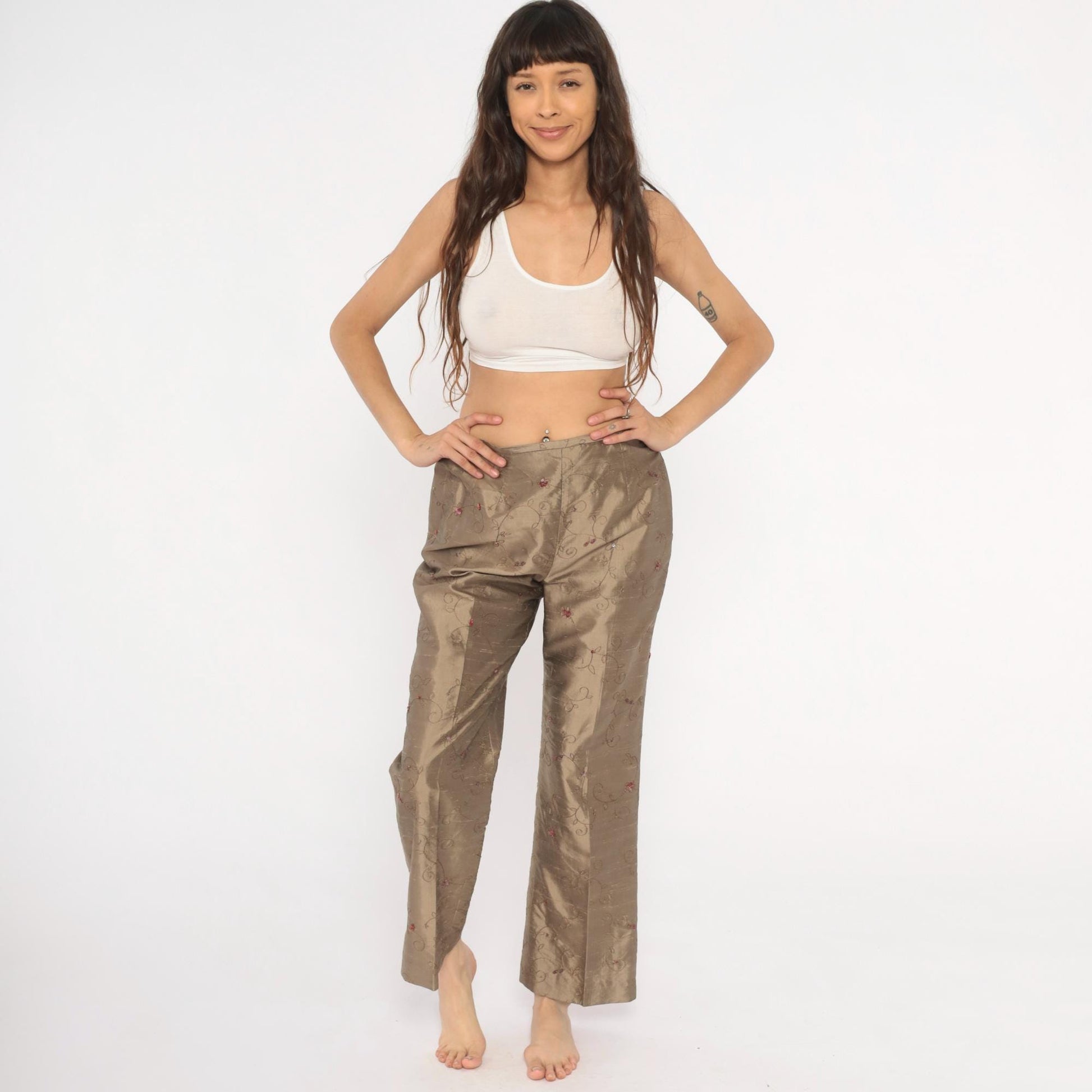 2000s Depeche Mode Silk Trousers Embroidered Floral Tan Low Rise Straight Medium M