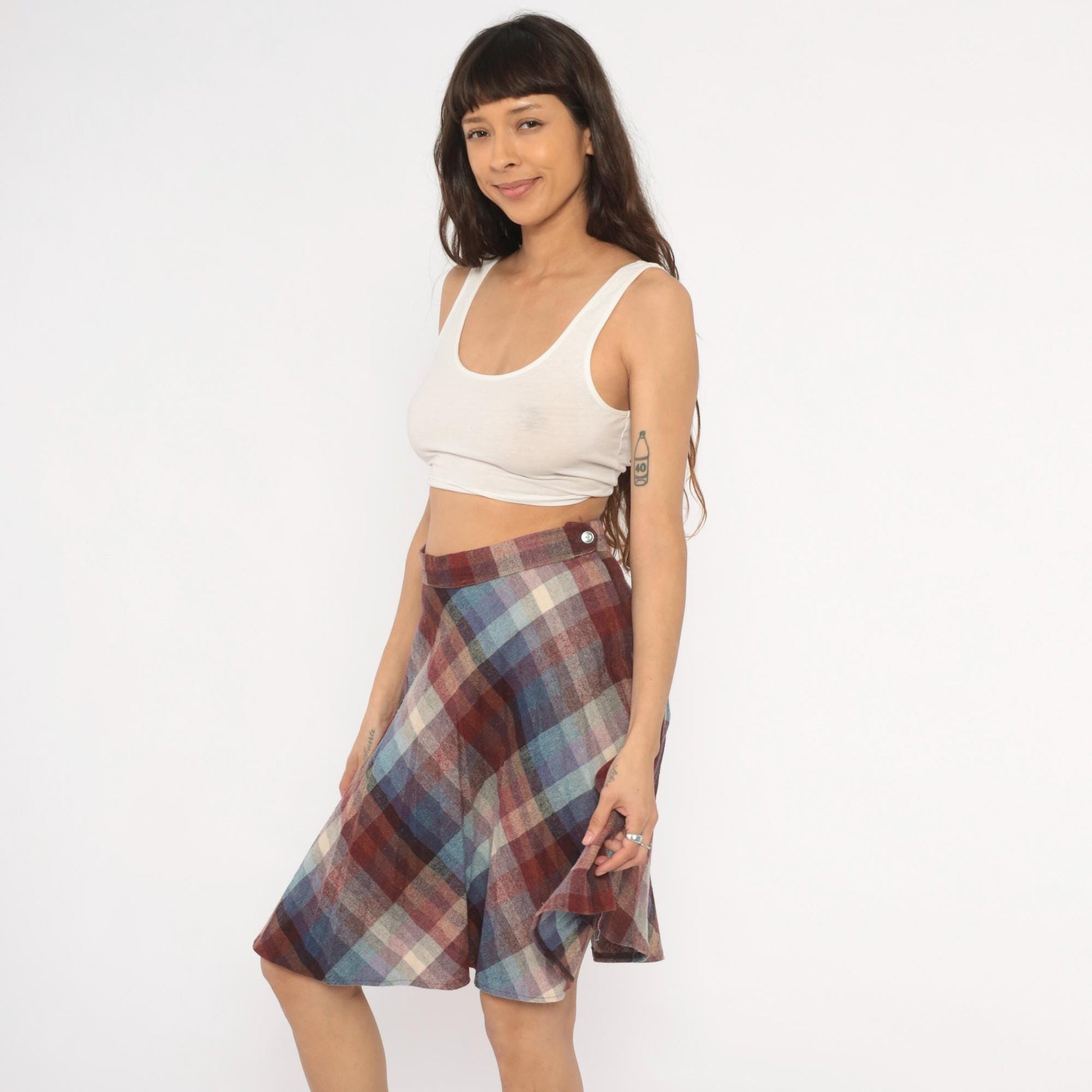 80s Plaid Wool Skirt Knee-Length A-Line Burgundy Purple Blue Checkered Medium M