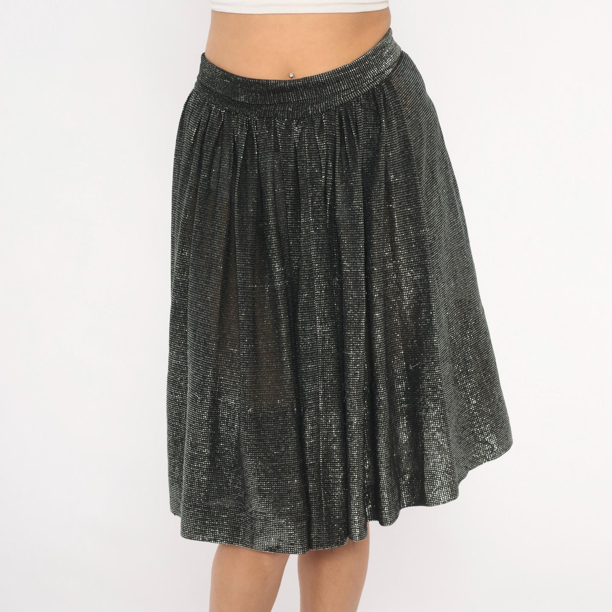 90s Black Silver Metallic Gathered Skirt Knee-Length Shimmer Small S