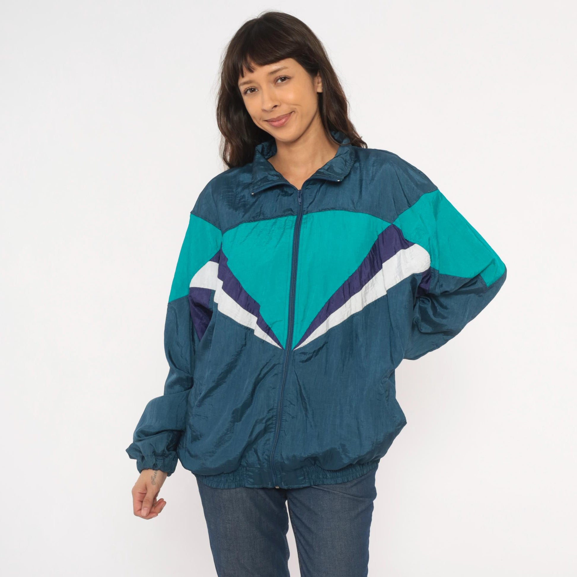 90s Champs Style Windbreaker Chevron Colorblock Teal Navy Purple XL