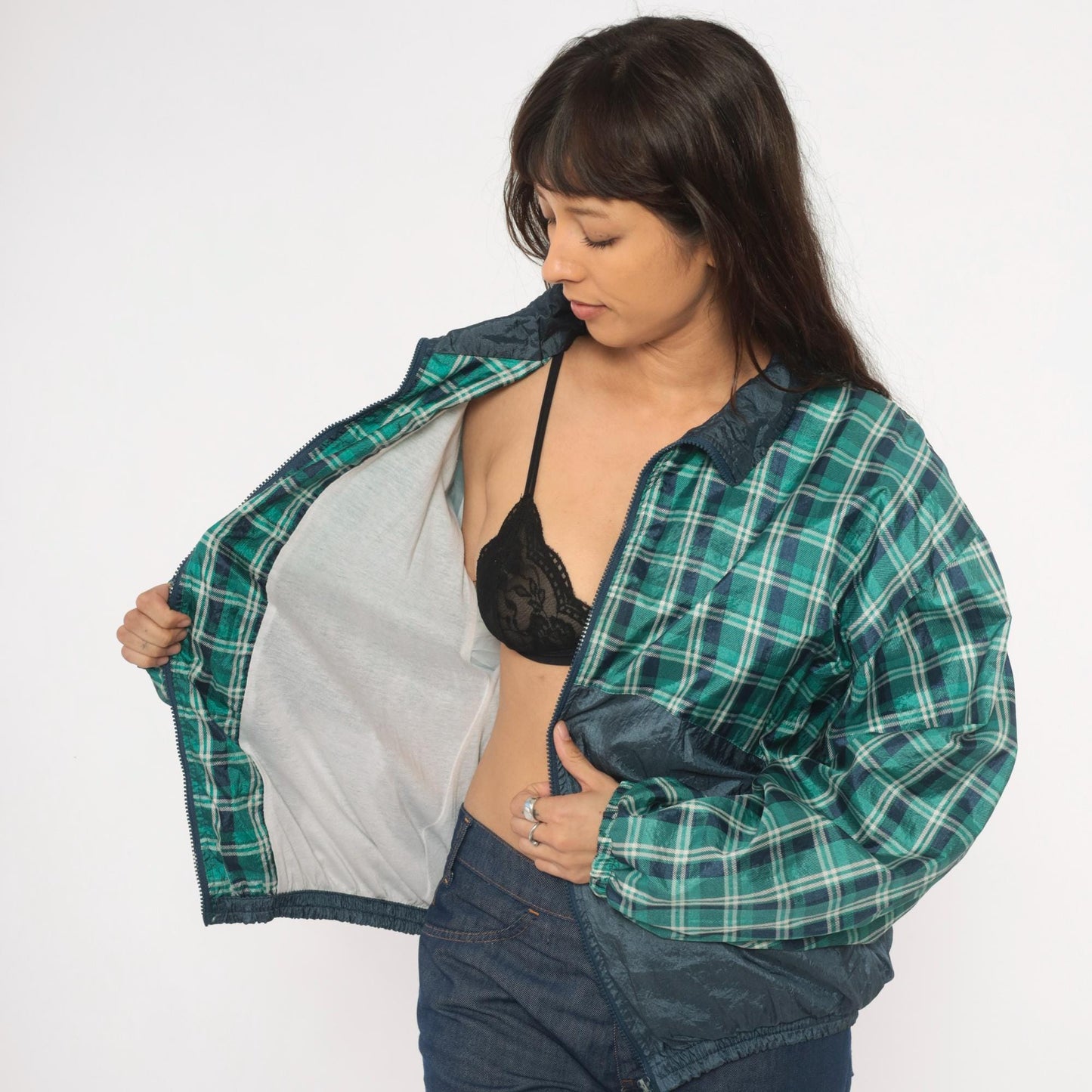 90s Honors Green Plaid Windbreaker Jacket Navy Colorblock Nylon Extra Large XL
