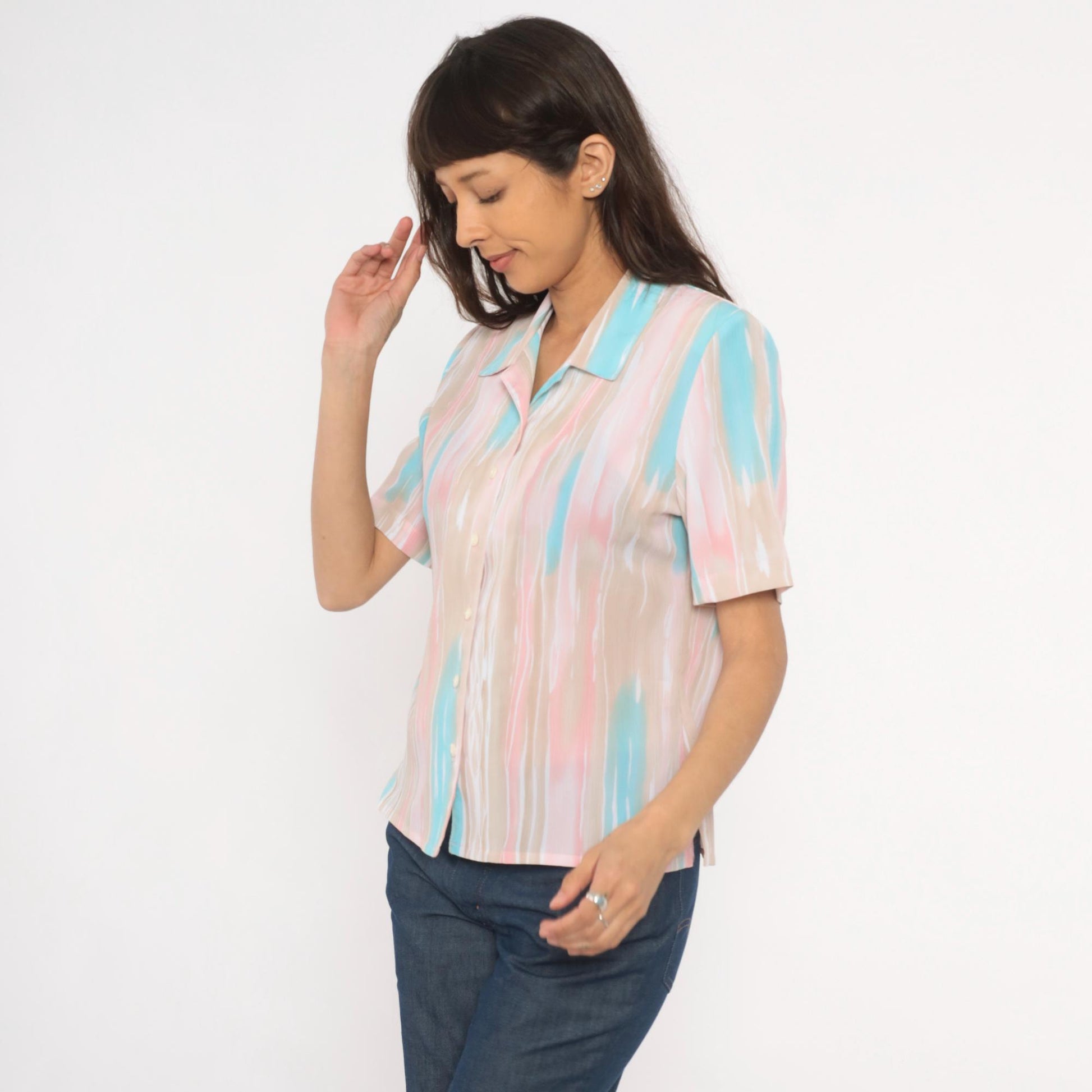 80s Allison Daley Pastel Striped Camp Collar Blouse Small Petite
