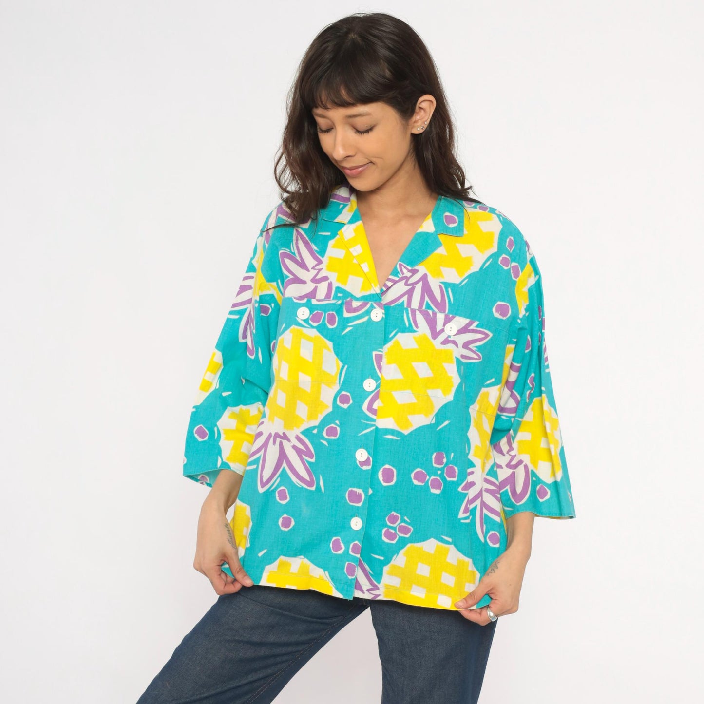 90s Young Hawaii Pineapple Print Blouse Teal Yellow V-Neck Large L