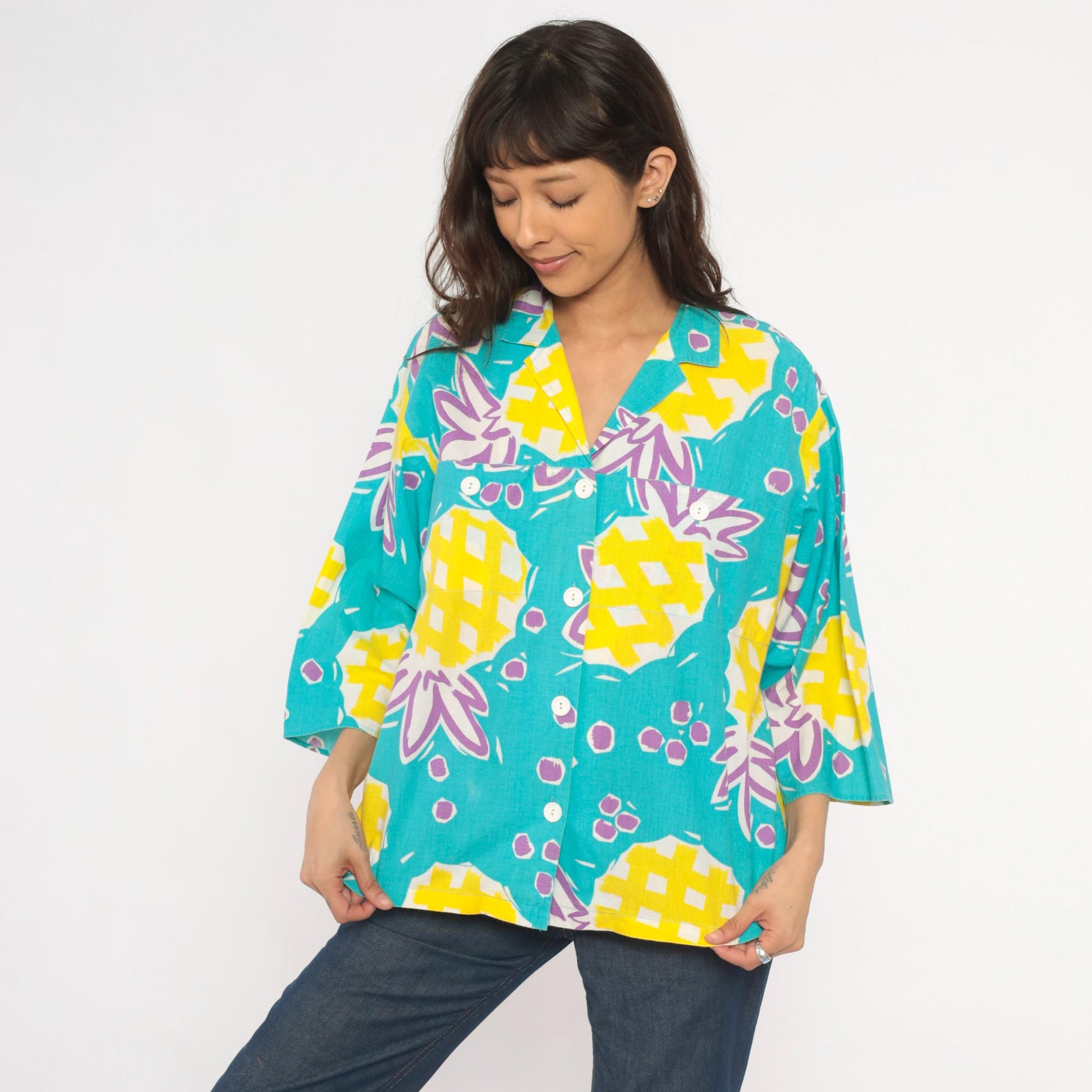 90s Young Hawaii Pineapple Print Blouse Teal Yellow V-Neck Large L