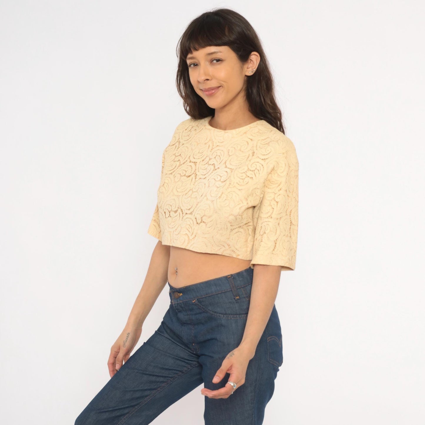 70s Carol Craig Cream Lace Crop Top Swirl Pattern Half Sleeve Medium M