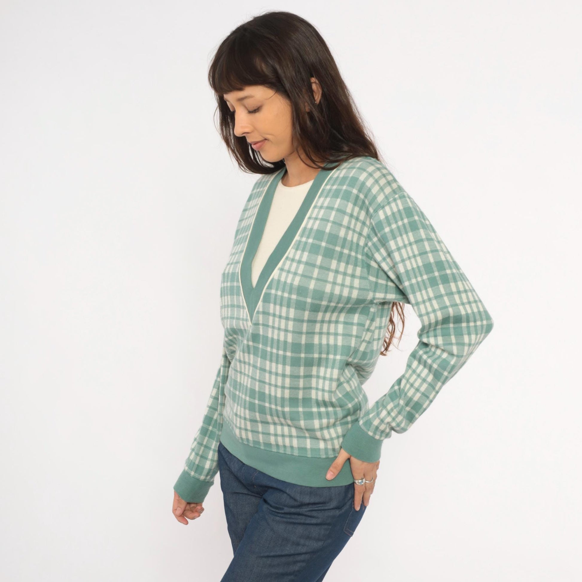 80s Cathy Daniels Green Plaid V-Neck Pullover Sage Ribbed Trim Small