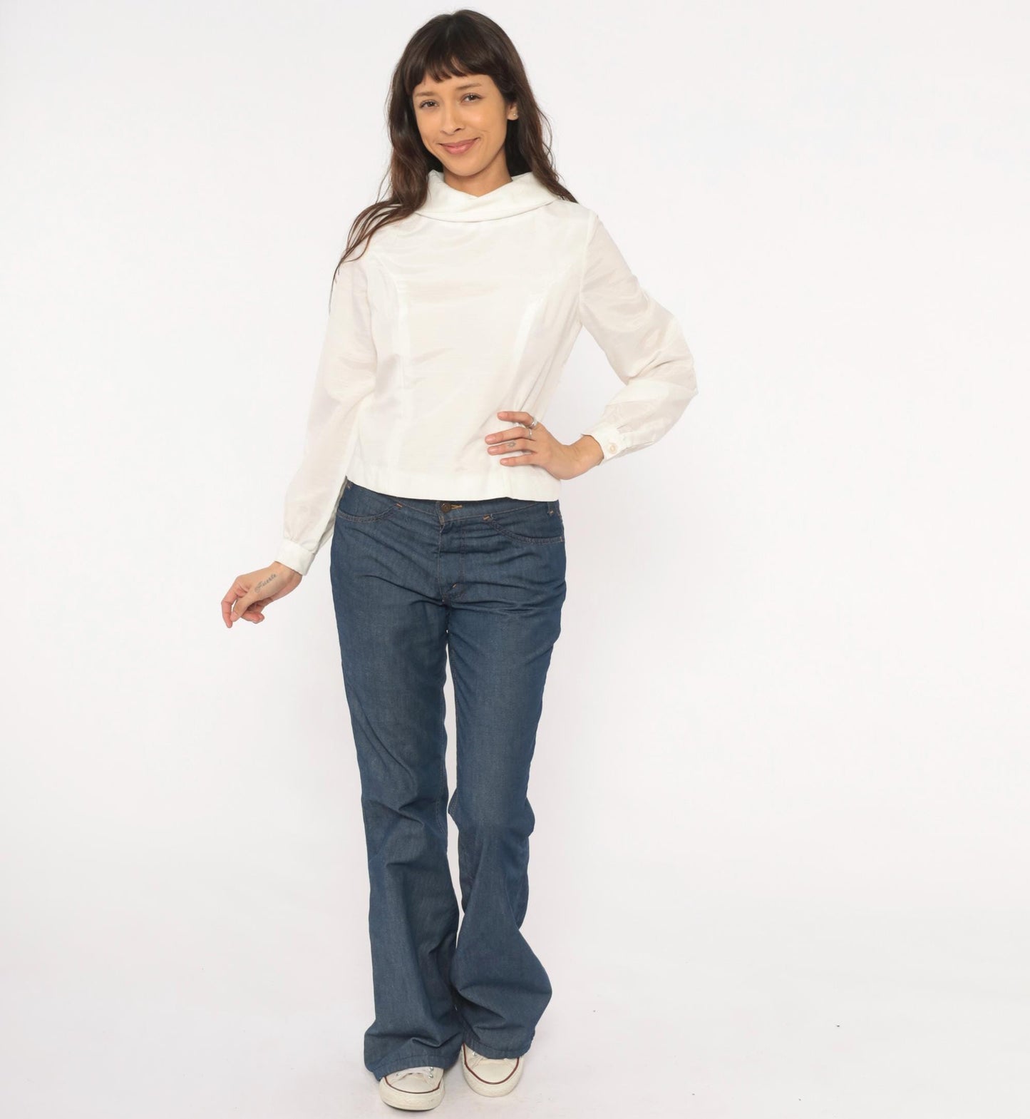 70s Cream Cowl Neck Blouse Balloon Sleeve Back Button Cropped Top Medium M