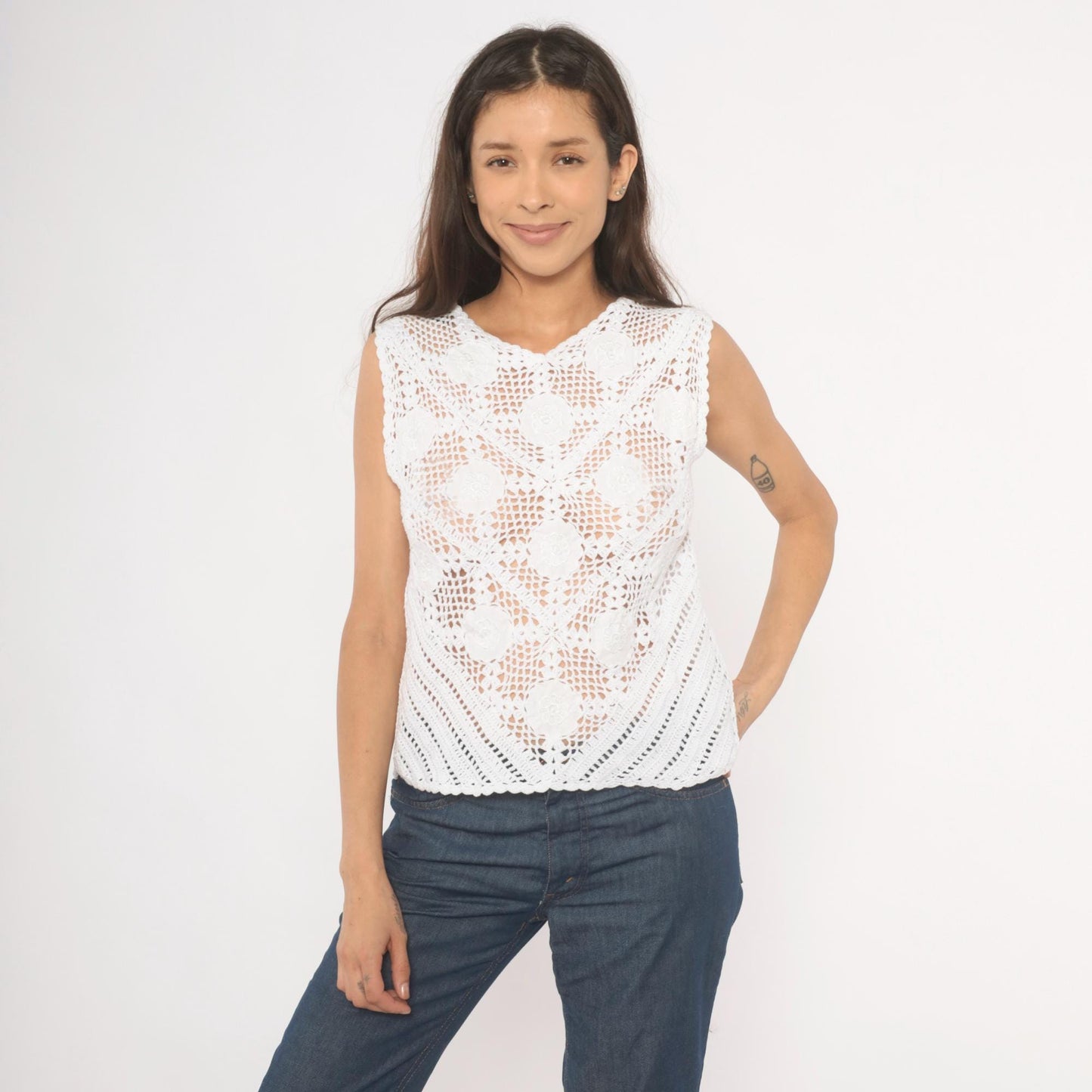 90s White Crochet Lace Tank Top Floral Medallion V-Neck Cotton Small