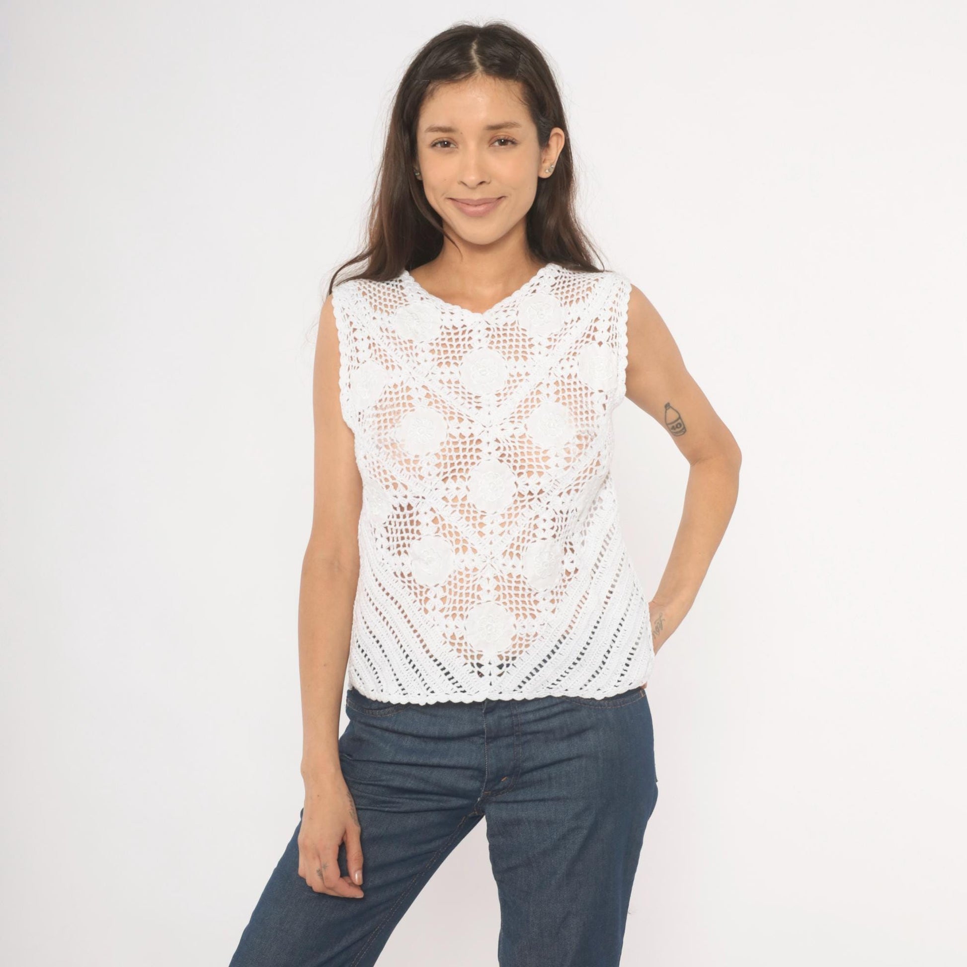 90s White Crochet Lace Tank Top Floral Medallion V-Neck Cotton Small