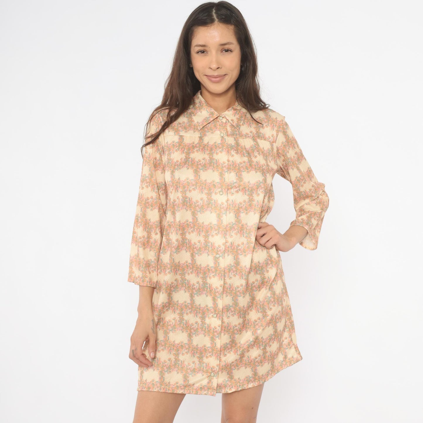 70s Floral Cream Tan Shirt Dress Snap Front Long Sleeve Knee-Length Medium M
