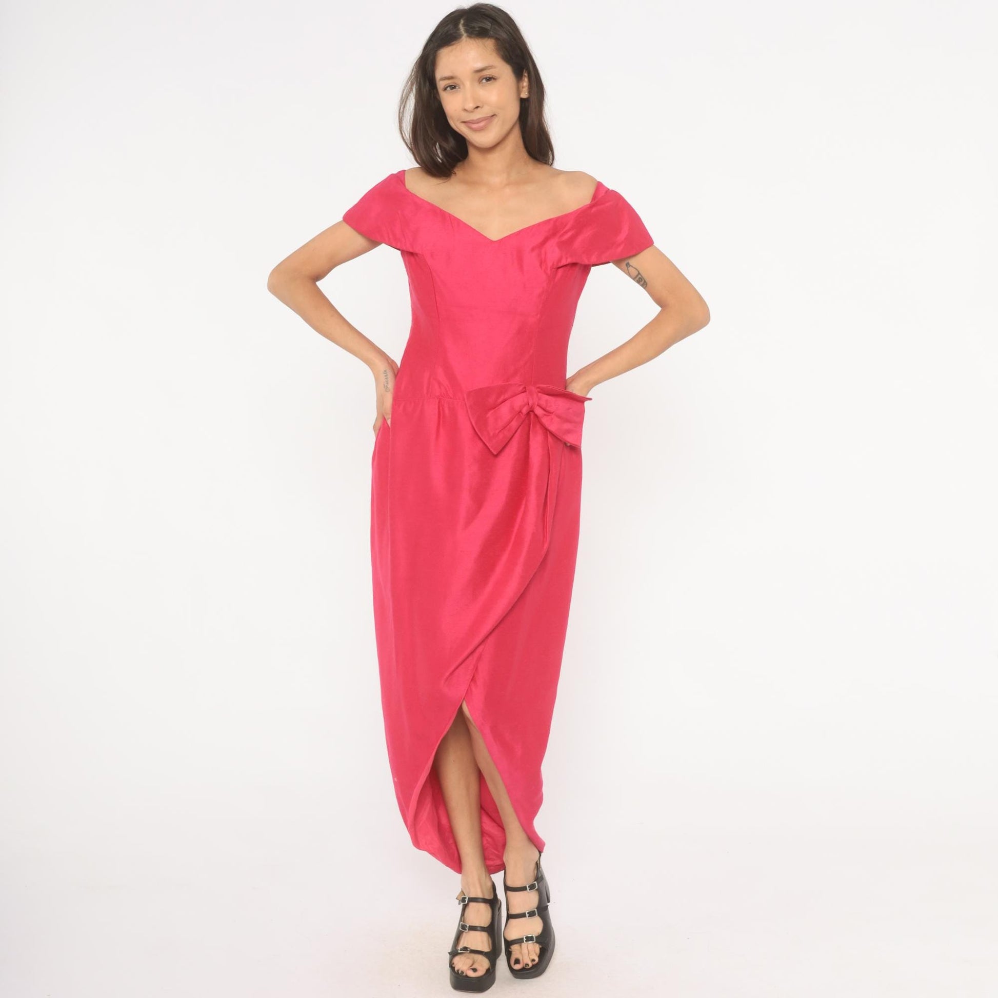 80s Hot Pink Off-Shoulder Maxi Gown Sweetheart Neckline Bow Tulip Skirt Large L