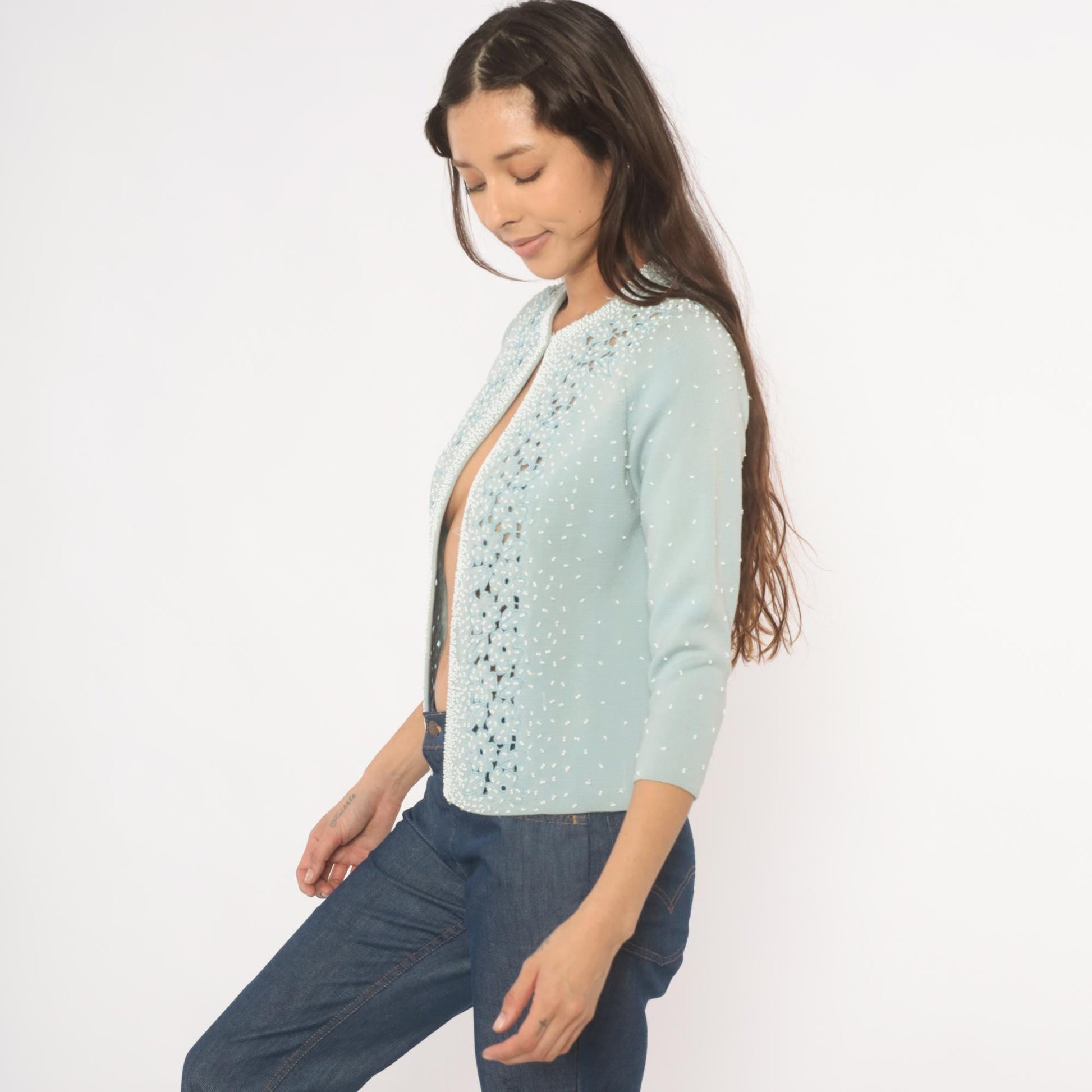 80s Miss Boutique Baby Blue Beaded Cardigan Cutwork Floral Knit Small