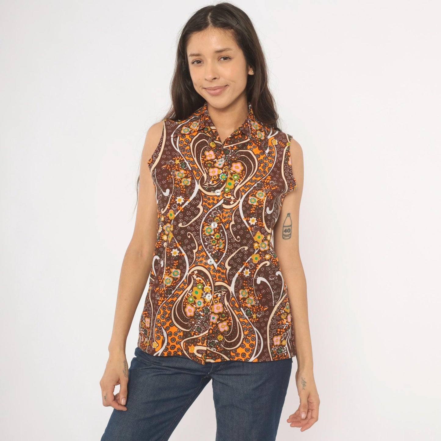 70s Psychedelic Paisley Sleeveless Blouse Brown Orange Floral Swirl Medium M