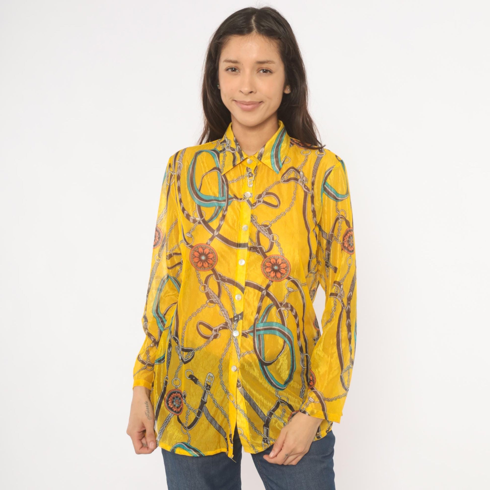 2000s Equestrian Chain Belt Print Sheer Blouse Mustard Gold Long Sleeve Large L