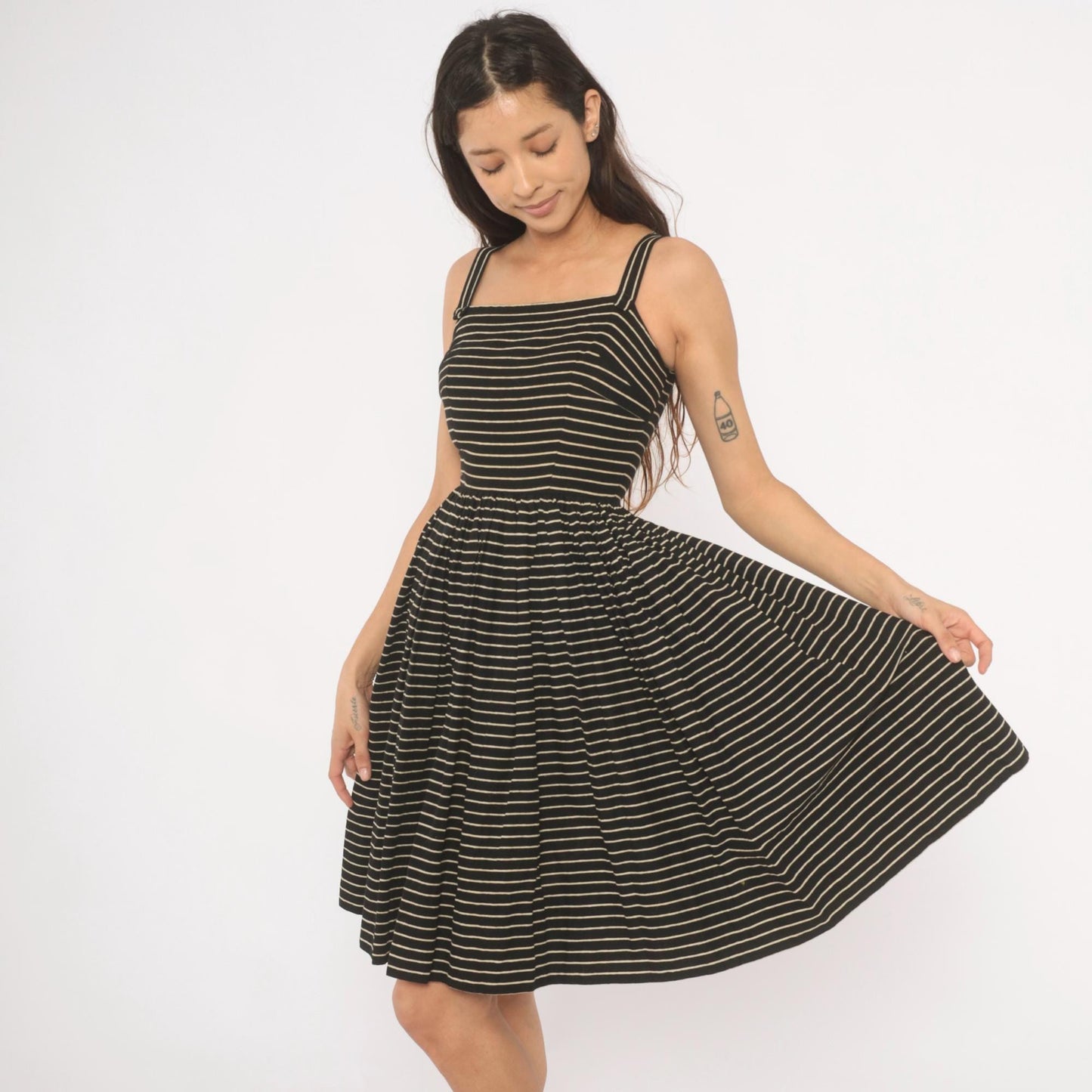 50s Lanz Original Black Pinstripe Sundress Square Neck Spaghetti Strap Extra Small