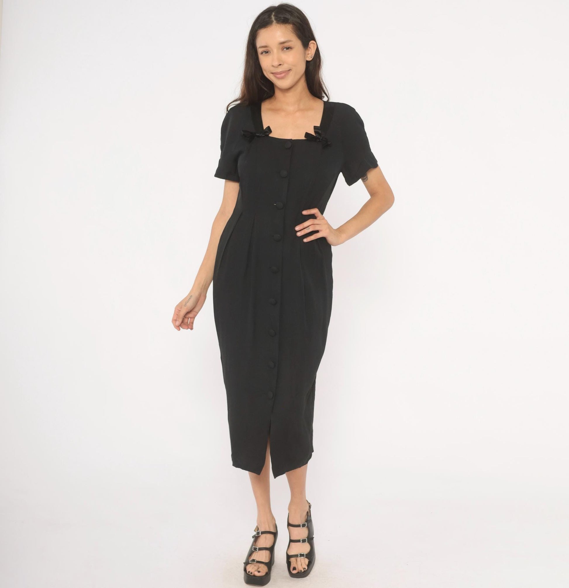 90s Atina by Karon Crosby Black Midi Dress Square Neck Bow Detail Medium