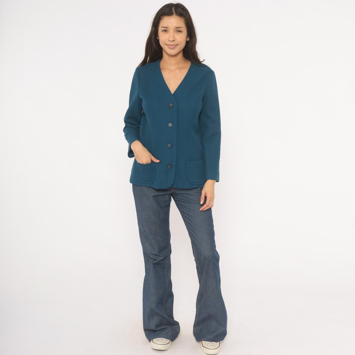 70s Navy Blazer V-Neck Collarless Button-Front Jacket Patch Pockets Small