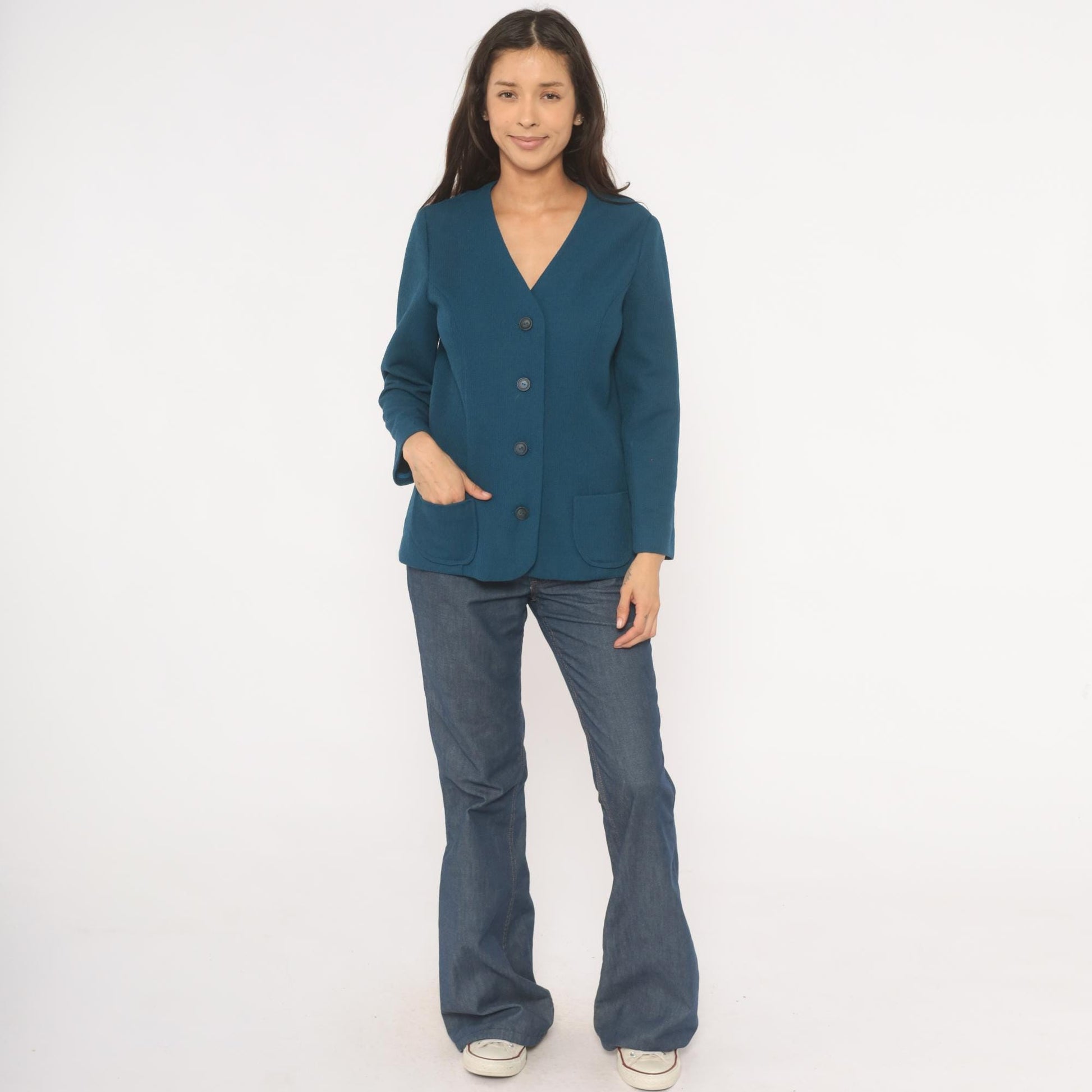 70s Navy Blazer V-Neck Collarless Button-Front Jacket Patch Pockets Small
