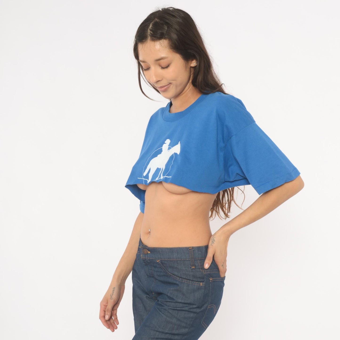 90s Fruit of the Loom Cowboy Horse Graphic Crop Tee Royal Blue Small
