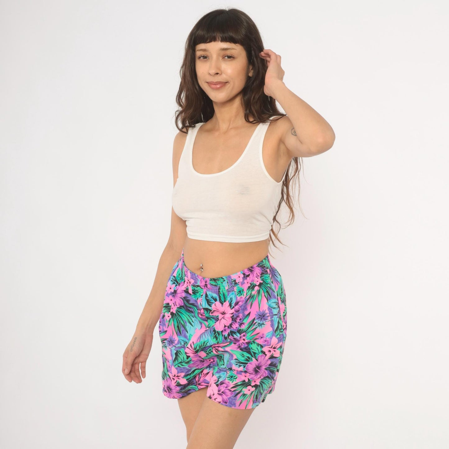 90s Op Neon Tropical Floral Shorts Pink Purple Green Hibiscus Medium M