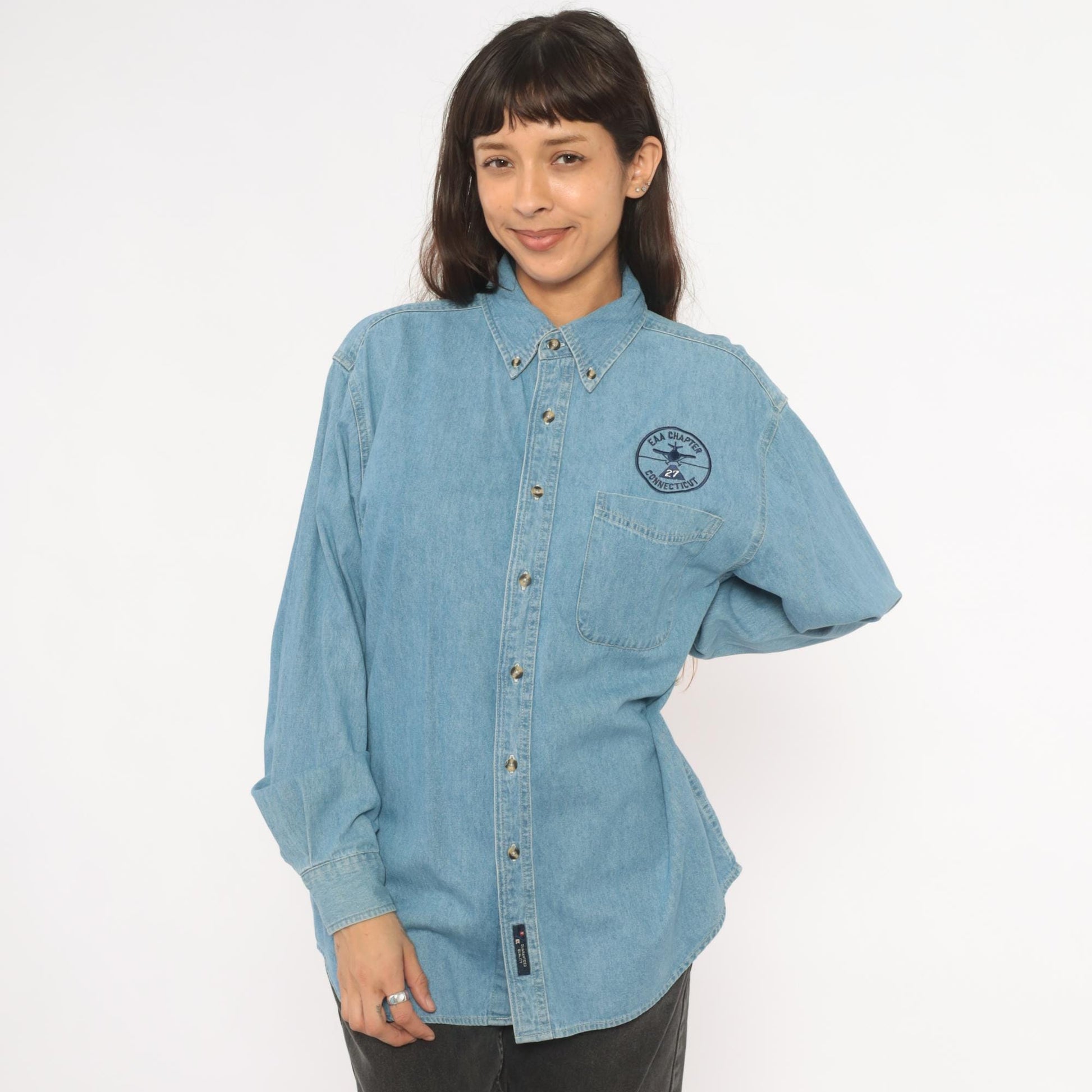 2000s Port and Company Aviation Patch Denim Shirt Light Wash Blue Medium M