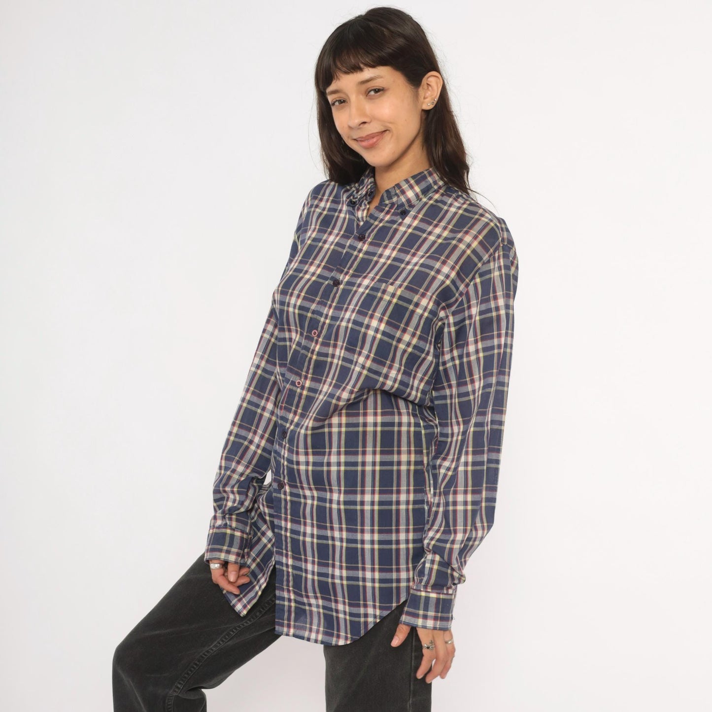 80s Men's Store Plaid Flannel Shirt Navy Blue Red Check Button Front Medium