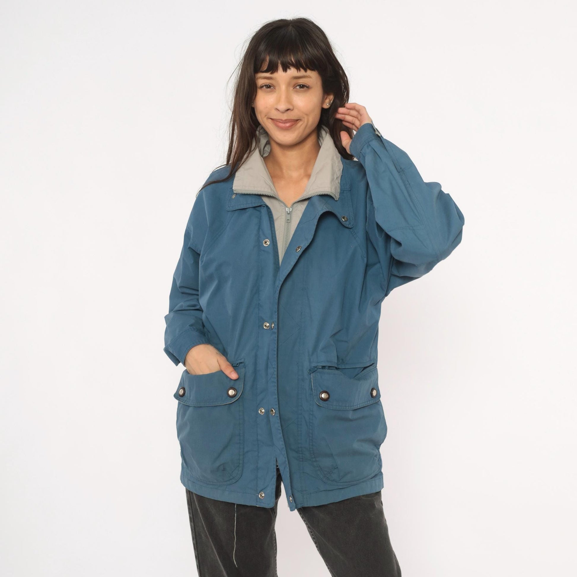 80s Whitefish Bay Slate Blue Field Jacket Grey Lined Utility Coat Small S