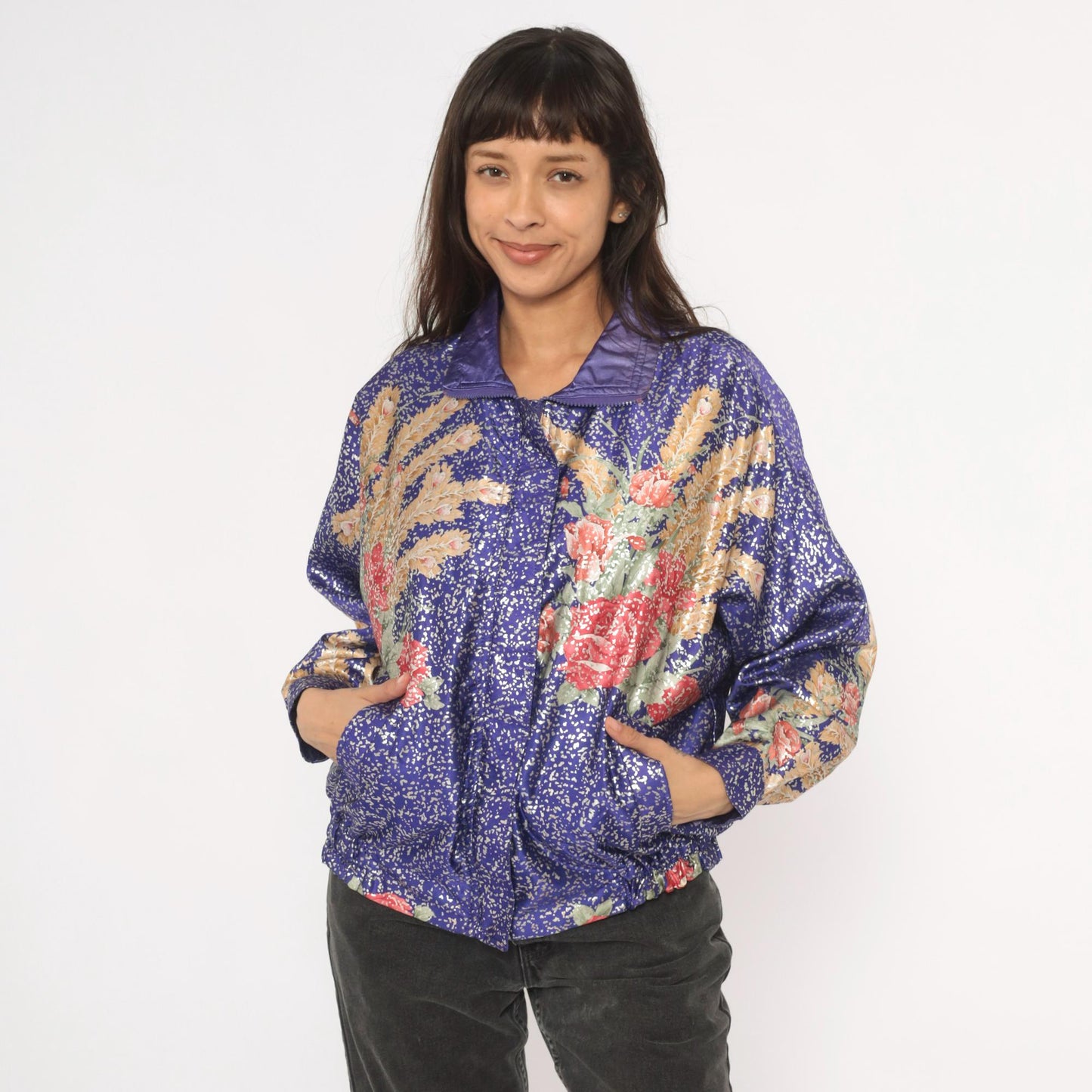 90s GDT Too Floral Metallic Bomber Jacket Purple Gold Reversible Satin Small Medium
