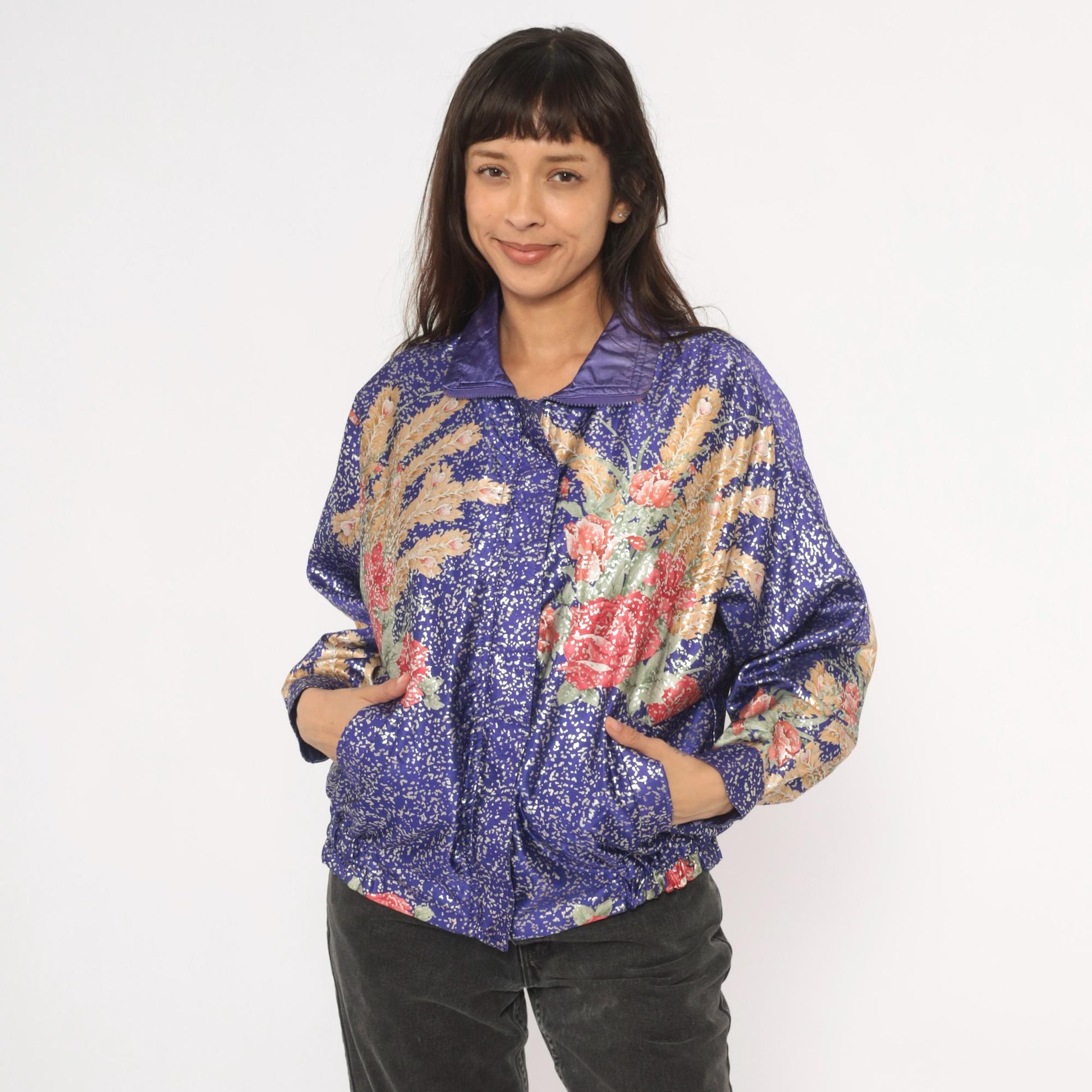 90s GDT Too Floral Metallic Bomber Jacket Purple Gold Reversible Satin Small Medium