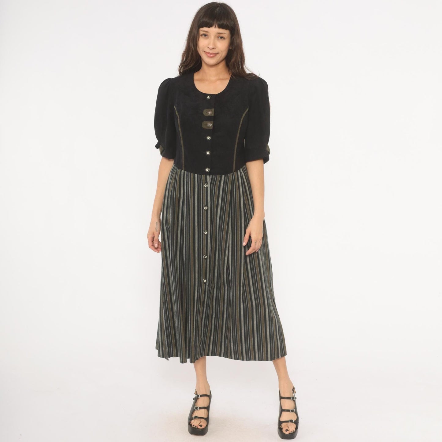 90s Folk Line Dirndl Dress Black Olive Striped Midi Puff Sleeve Extra Large