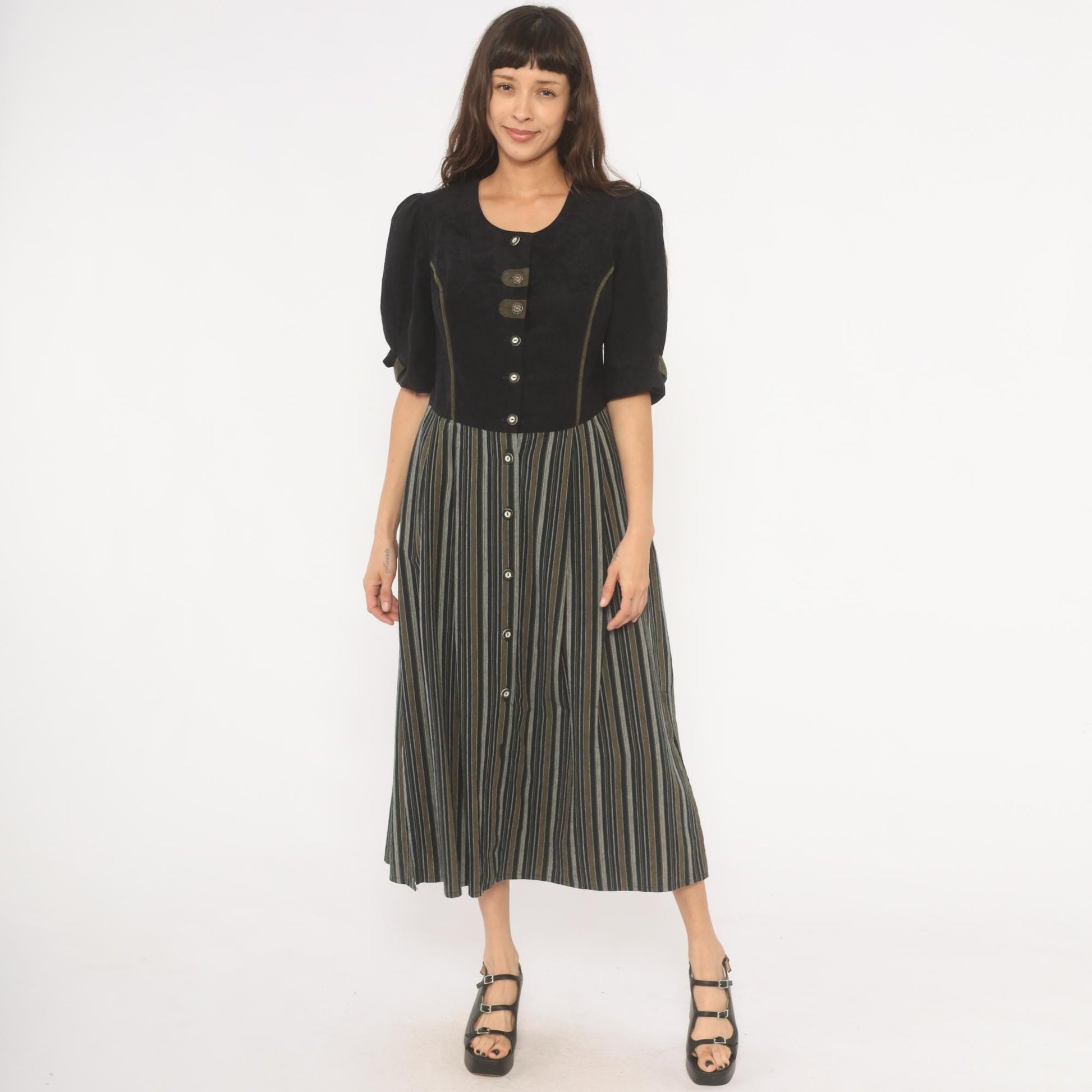 90s Folk Line Dirndl Dress Black Olive Striped Midi Puff Sleeve Extra Large