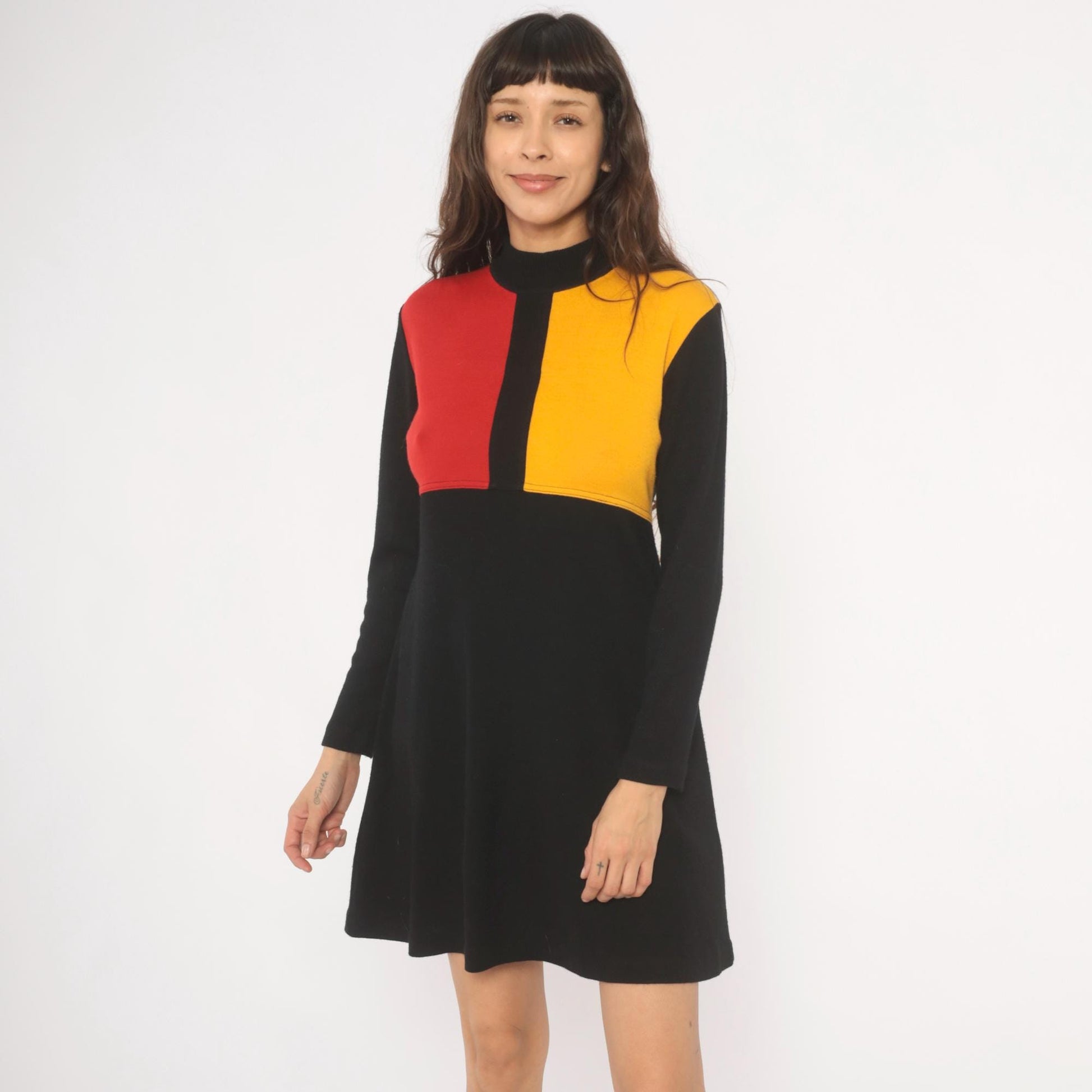 80s Karin Stevens Color Block Mini Dress Red Mustard Mock Neck Medium