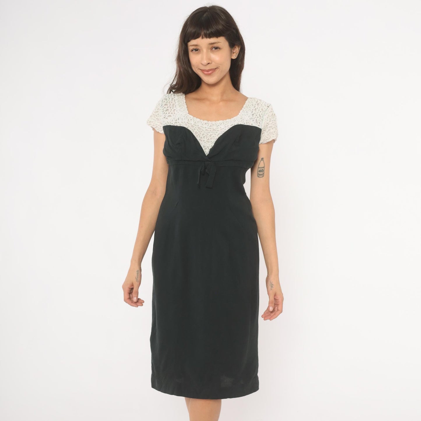60s Black Crochet Lace Dress White Yoke Sweetheart Neckline Bow Empire Waist Medium M
