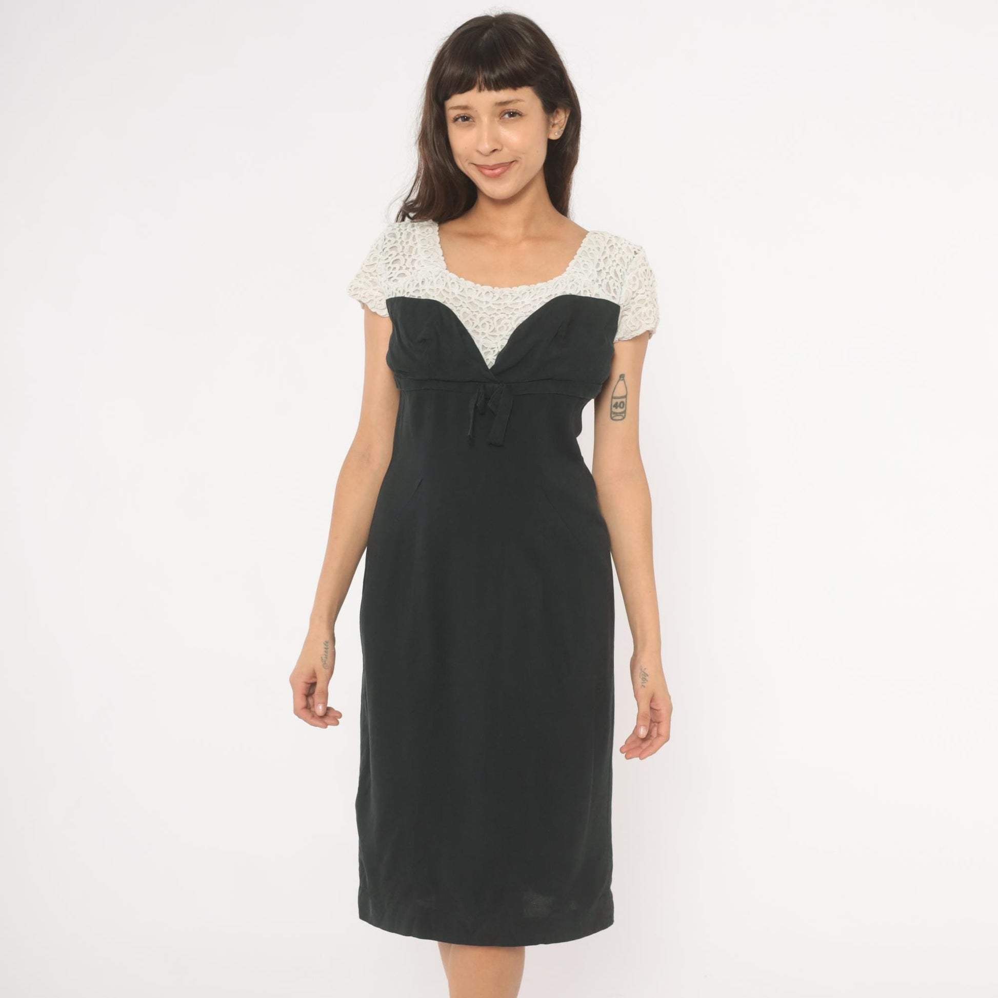 60s Black Crochet Lace Dress White Yoke Sweetheart Neckline Bow Empire Waist Medium M