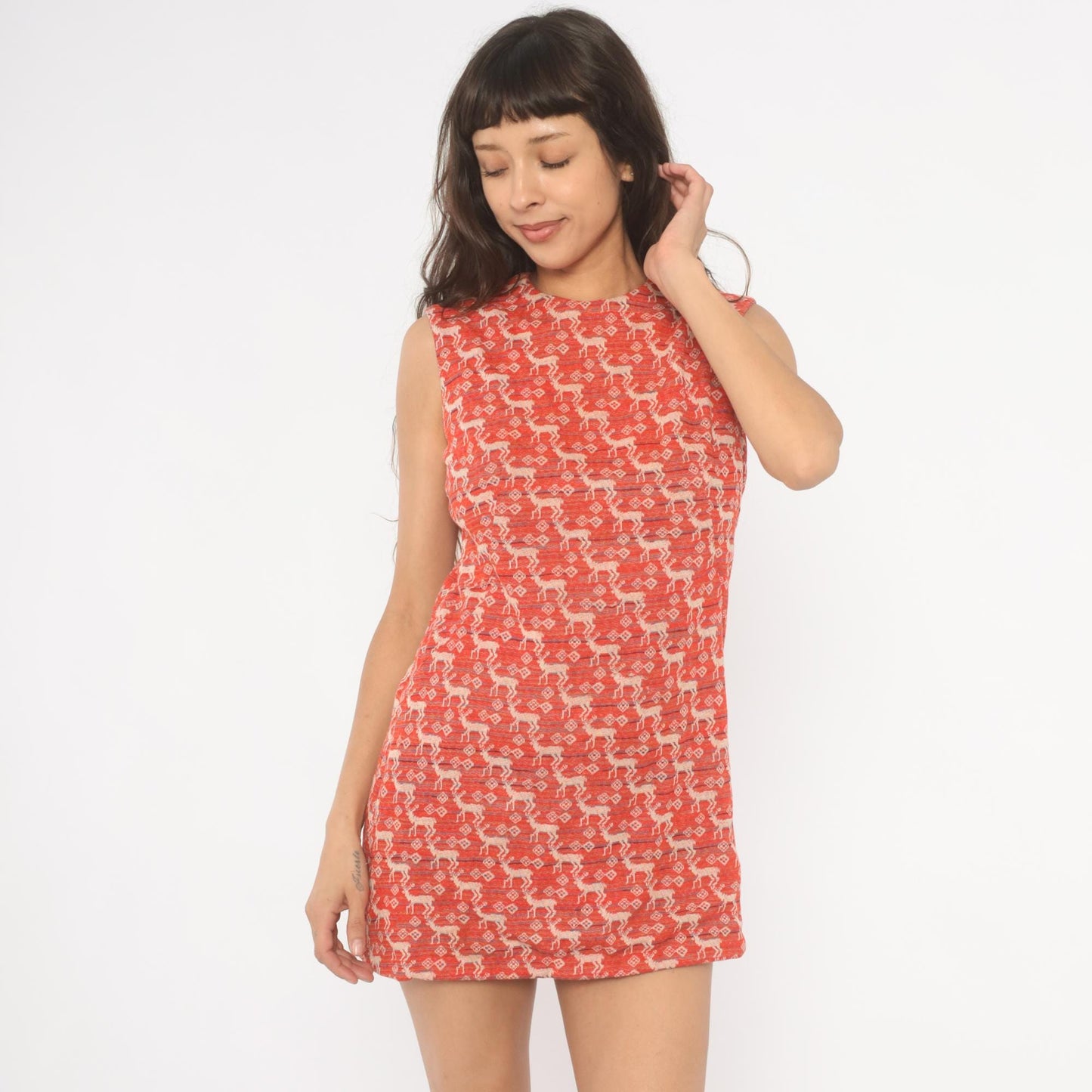 70s Deer Jacquard Mini Dress Red Cream Shift Knit Small S