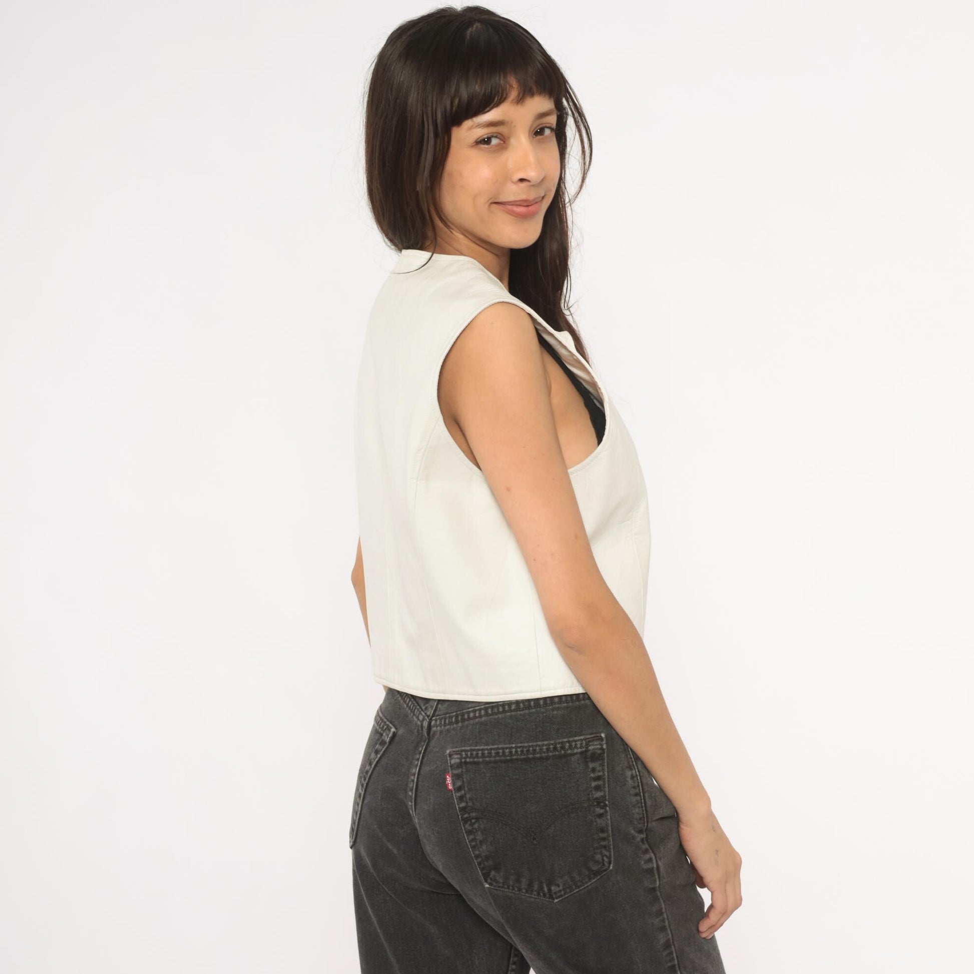90s Sigrid Olsen White Leather Vest Zip Front Cropped Scoop Neck Medium M
