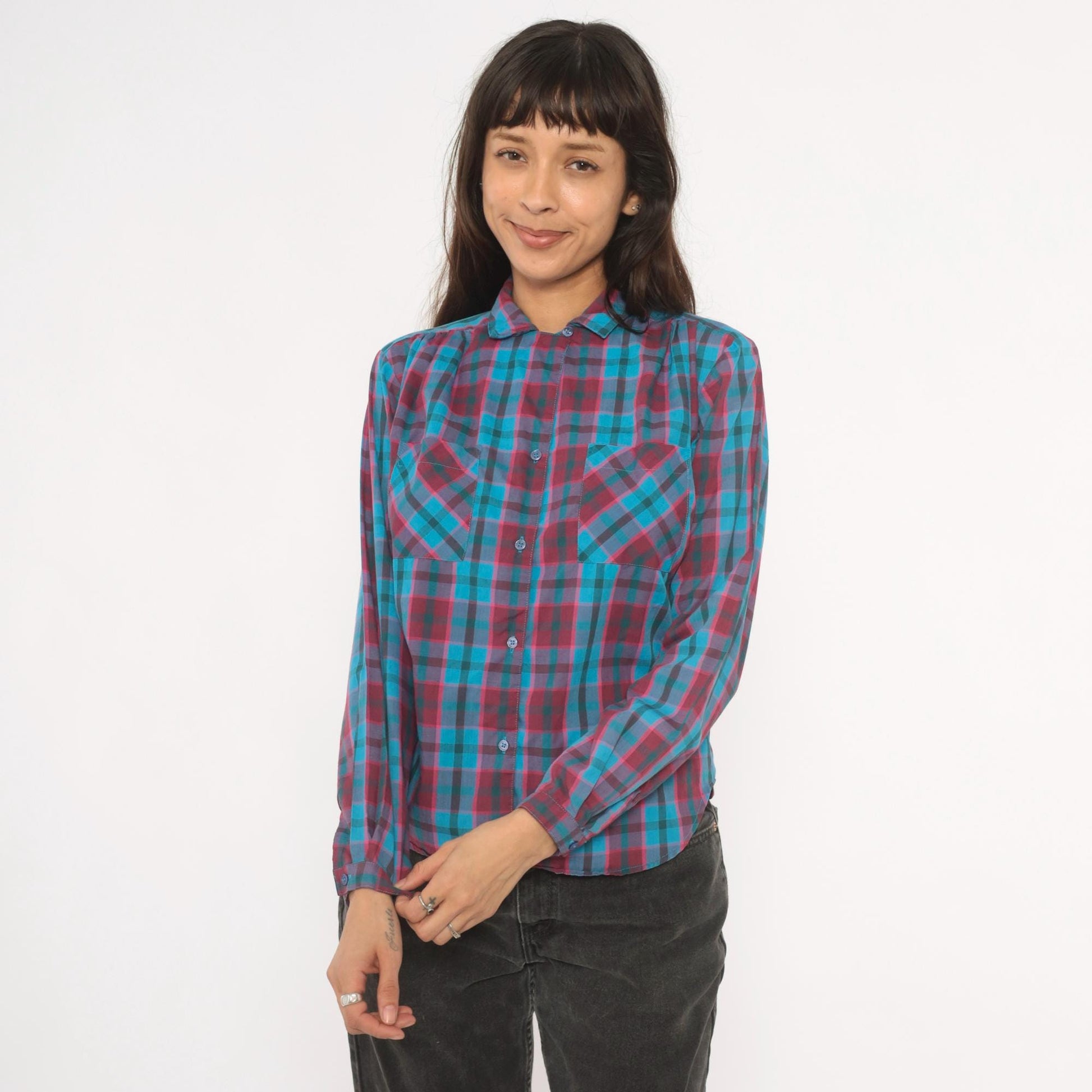 80s Quality Fashion Plaid Button-Up Blouse Teal Magenta Check Pointed Collar Large L