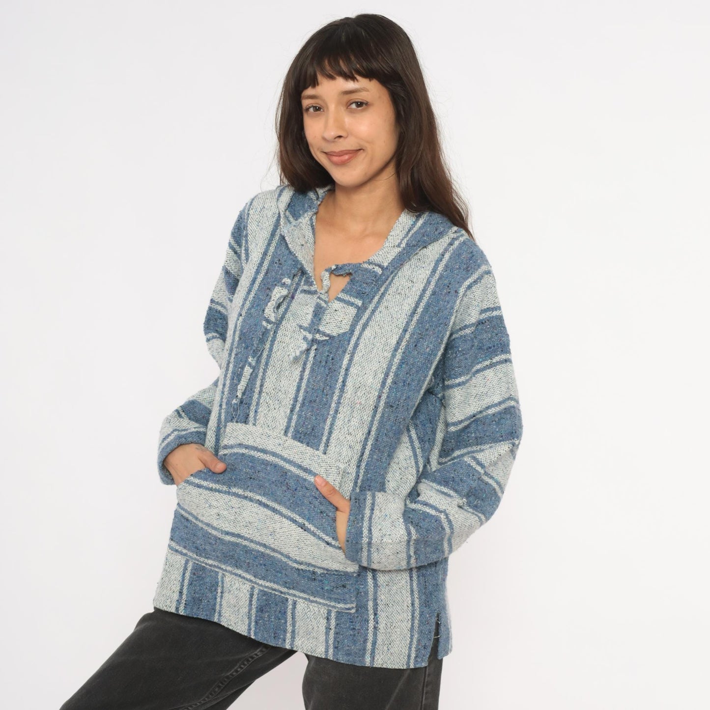 2000s Yarina Threads Blue Striped Baja Hoodie Woven Pullover Medium M