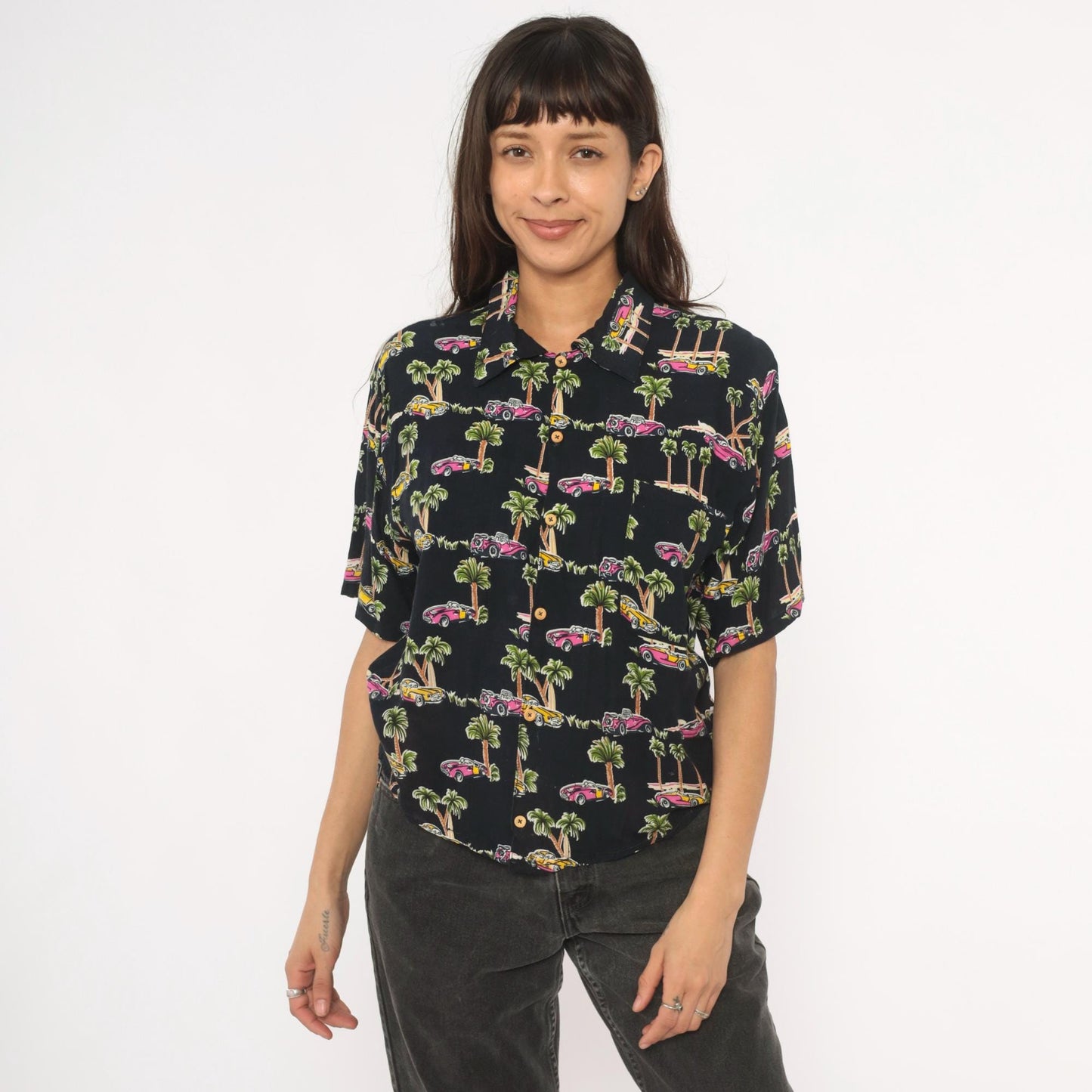 90s Classic Cars Hawaiian Shirt Black Pink Yellow Palm Tree Camp Collar XS